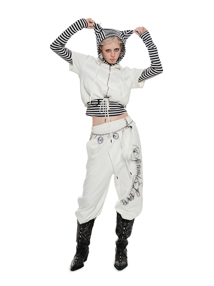 Black & White Cat-ear Short-sleeve Hoodie