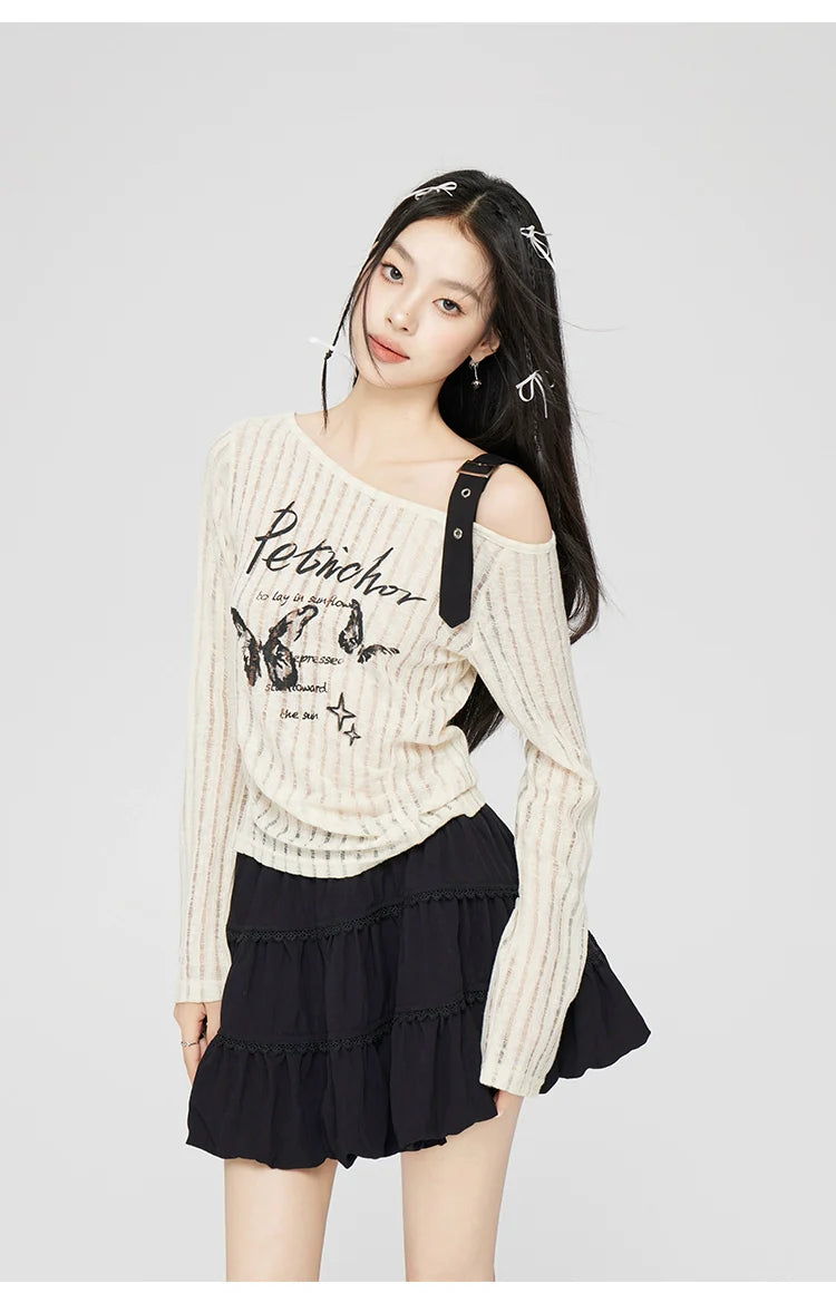 Gray & Beige Hollow Off-shoulder Long Sleeve T-shirt