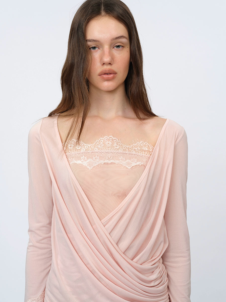 Pink Paneled Ruched Mock-Two-Piece Blouse