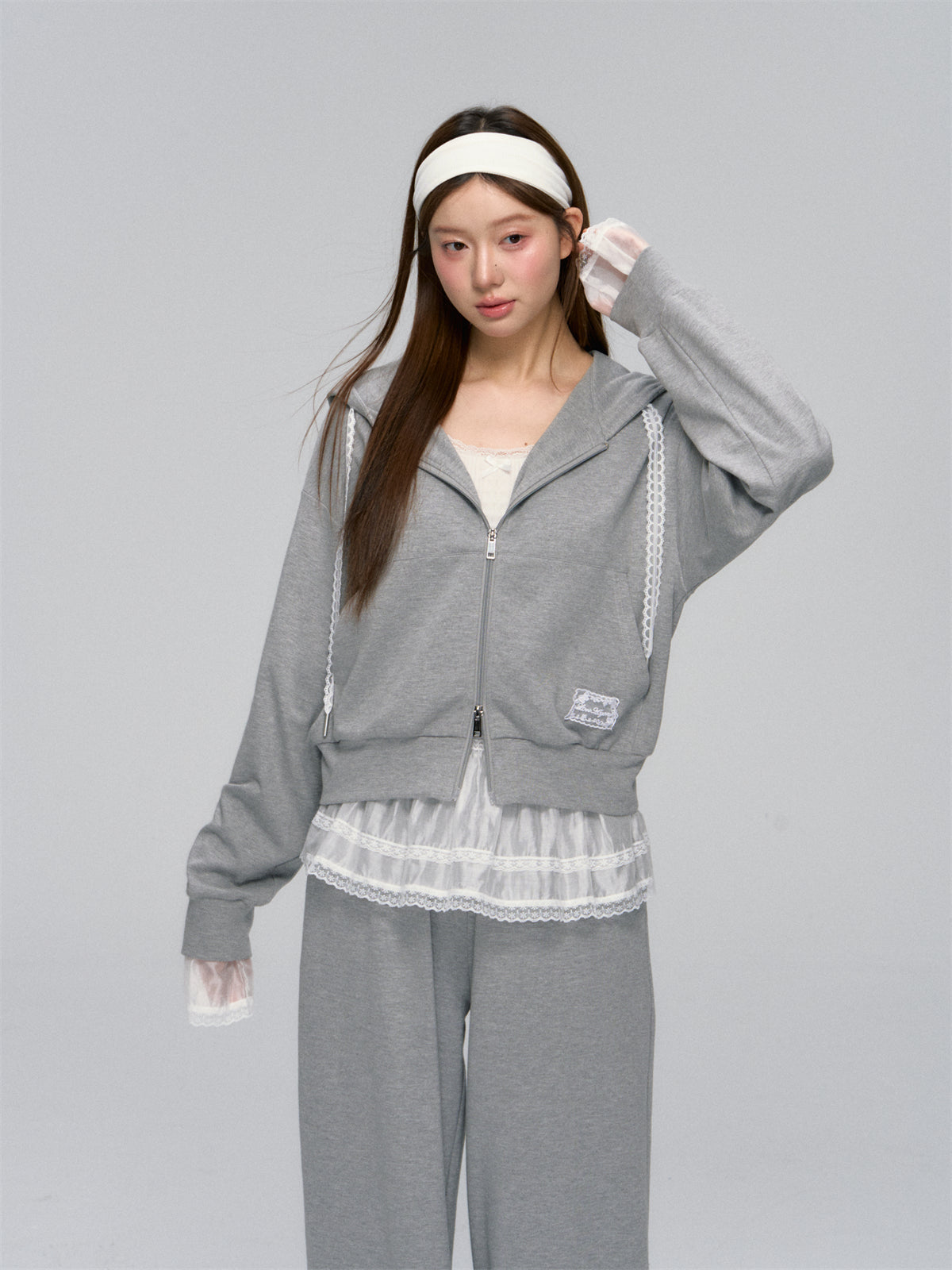 Gray Lace-Trimmed Casual Hoodie & Pant Set