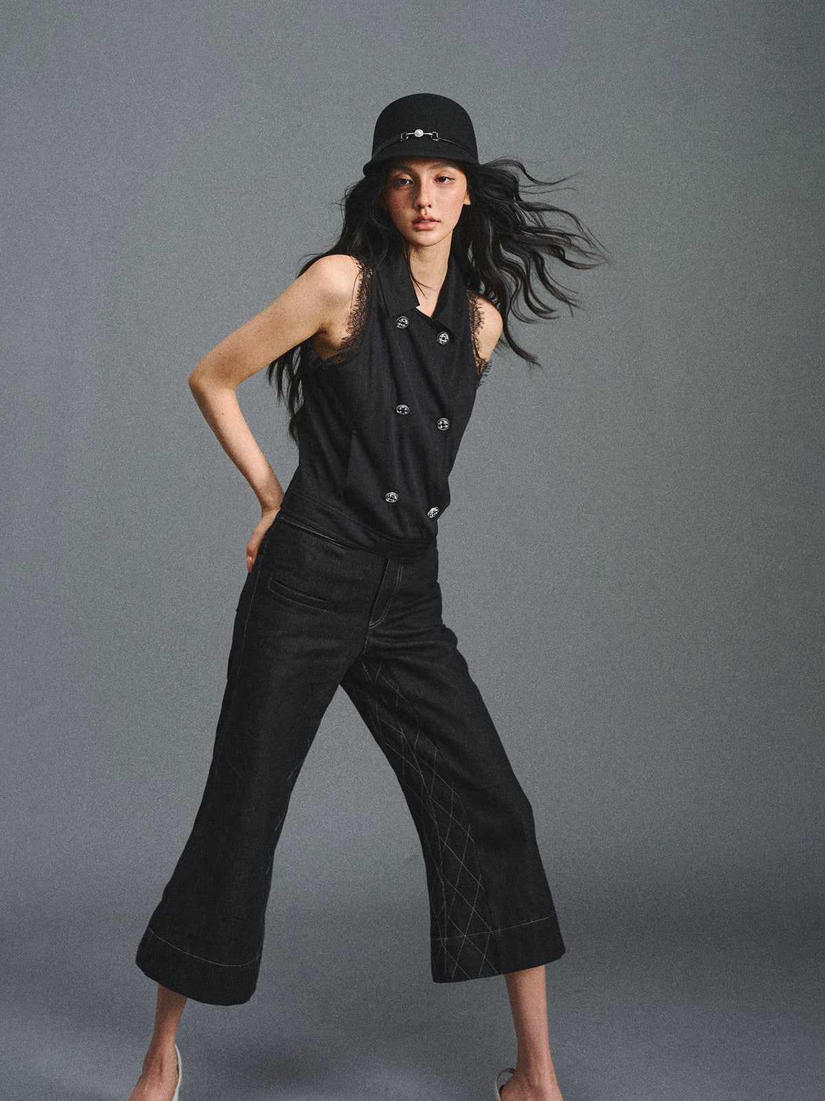 Black Quilted Cropped Flared Jeans