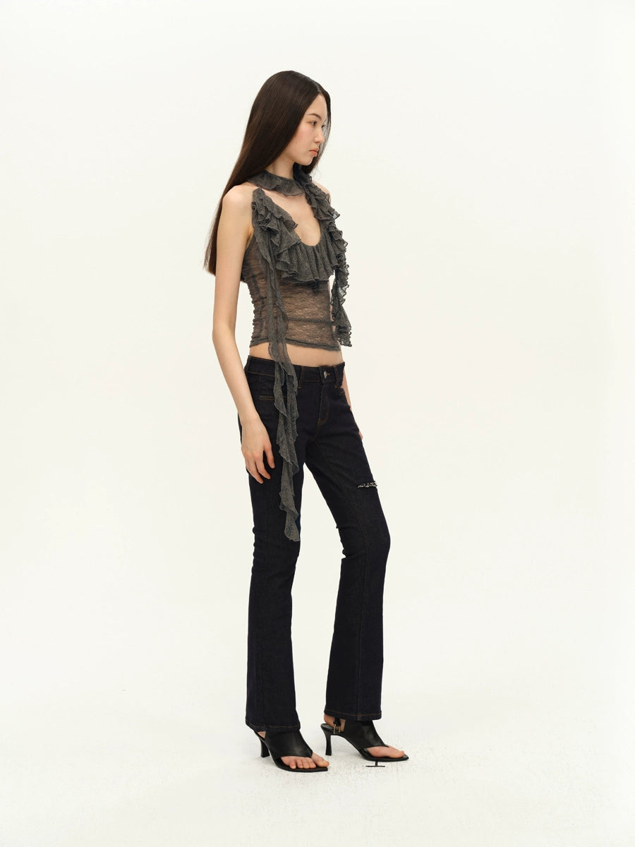 Two-Tone Lace Trim Halter Blouse
