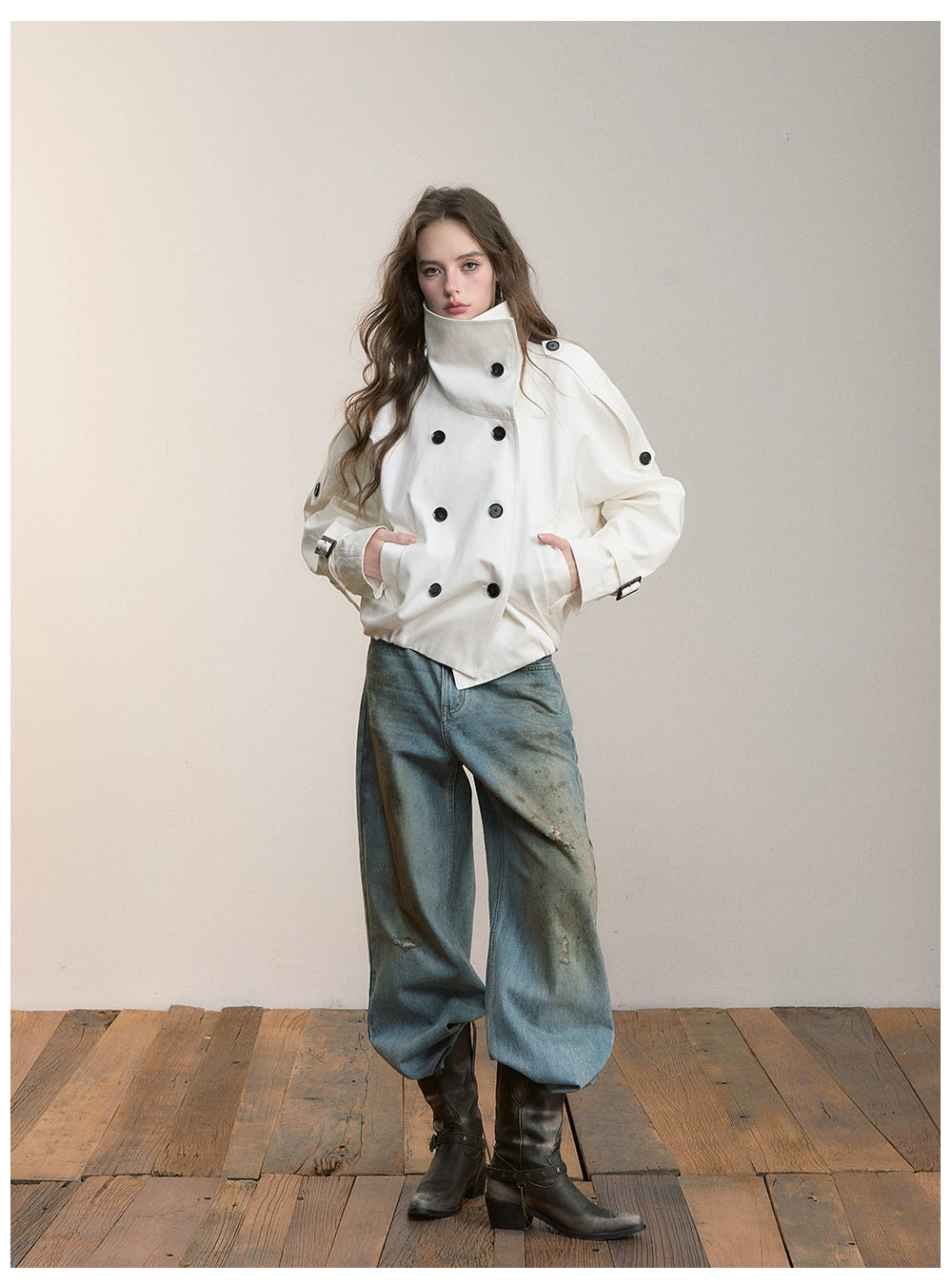 Vintage Pleated Stand Collar Jacket