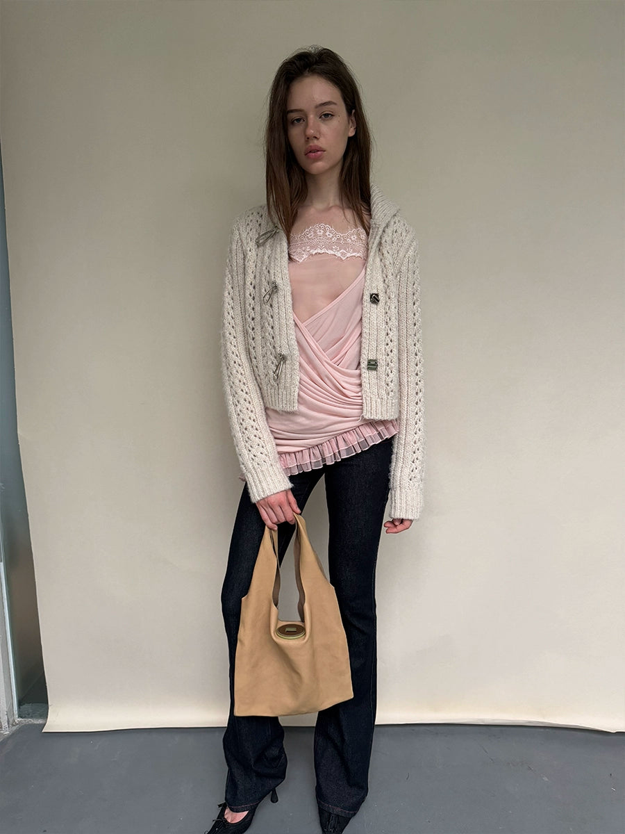 Pink Paneled Ruched Mock-Two-Piece Blouse