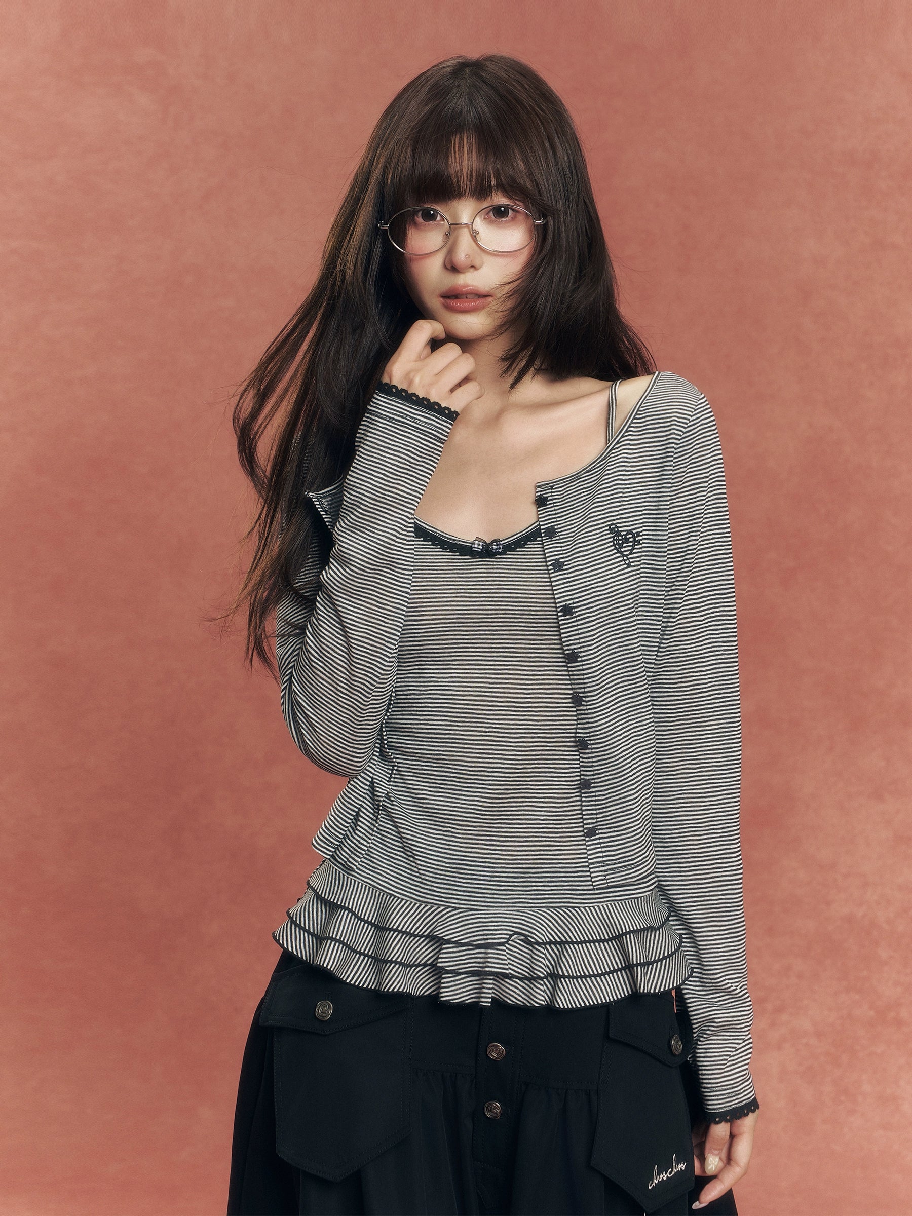 Lyocell Stripe Cardigan & Lace-Trim Cami Set