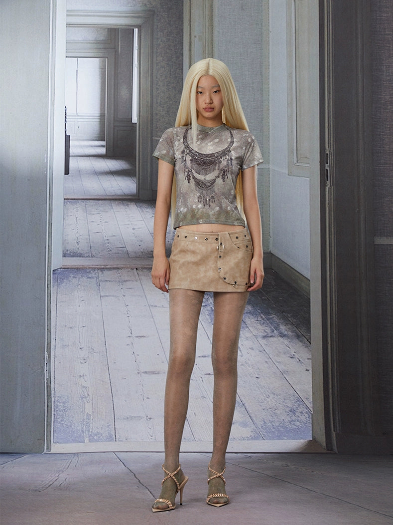 Metal Eyelet Detailed Special Leather Skirt