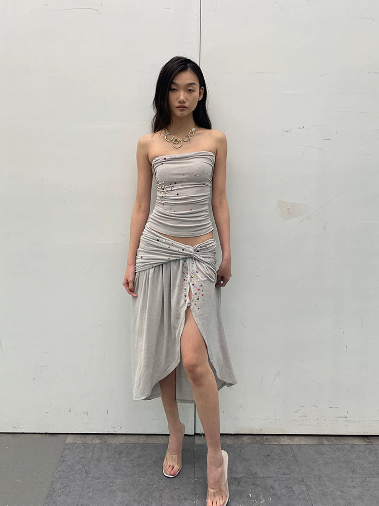 Rhinestone Strap Knit Tube Top & Skirt Set