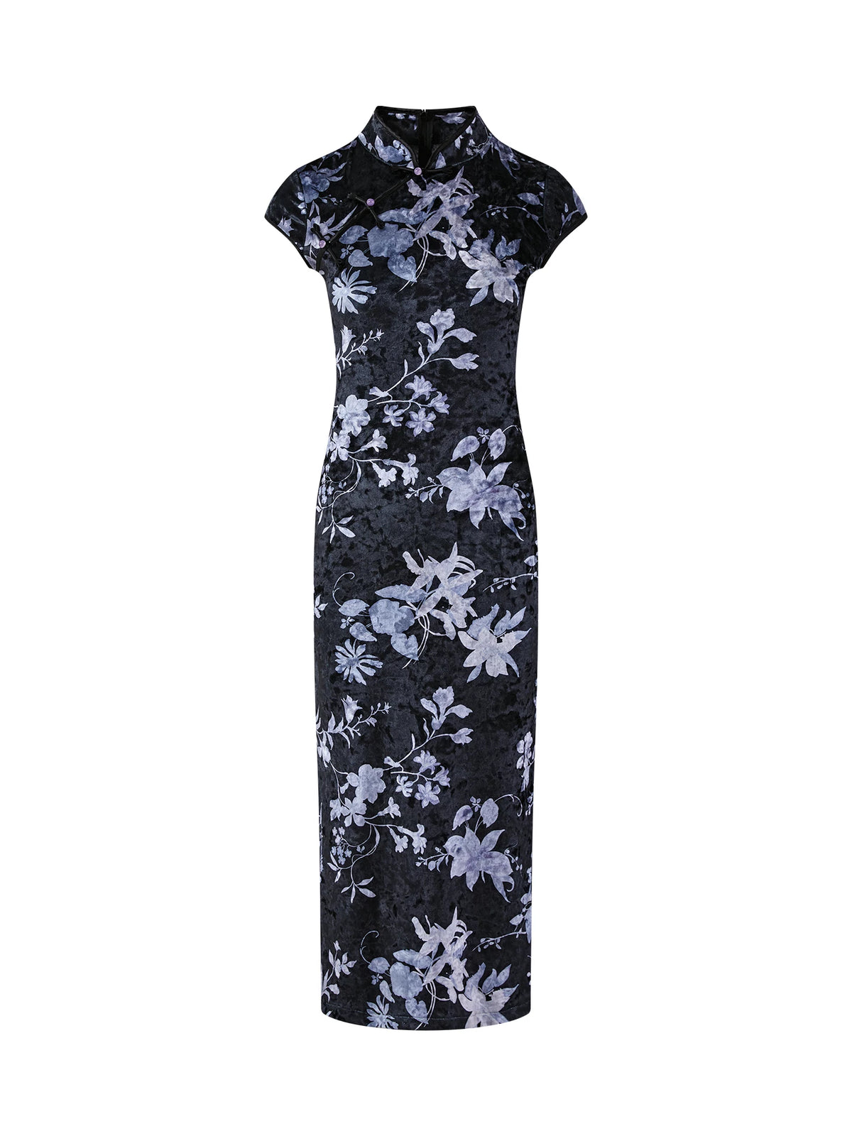 Black Floral Velvet Split Qipao Dress