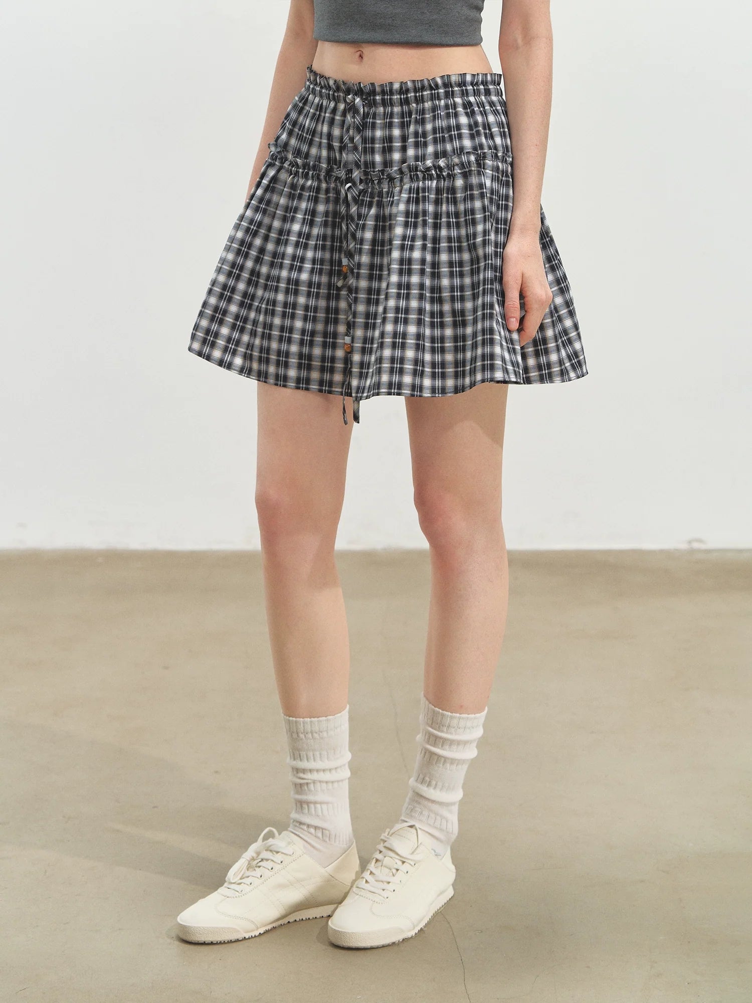 Checkered Ruffle A - Line Midi Skirt
