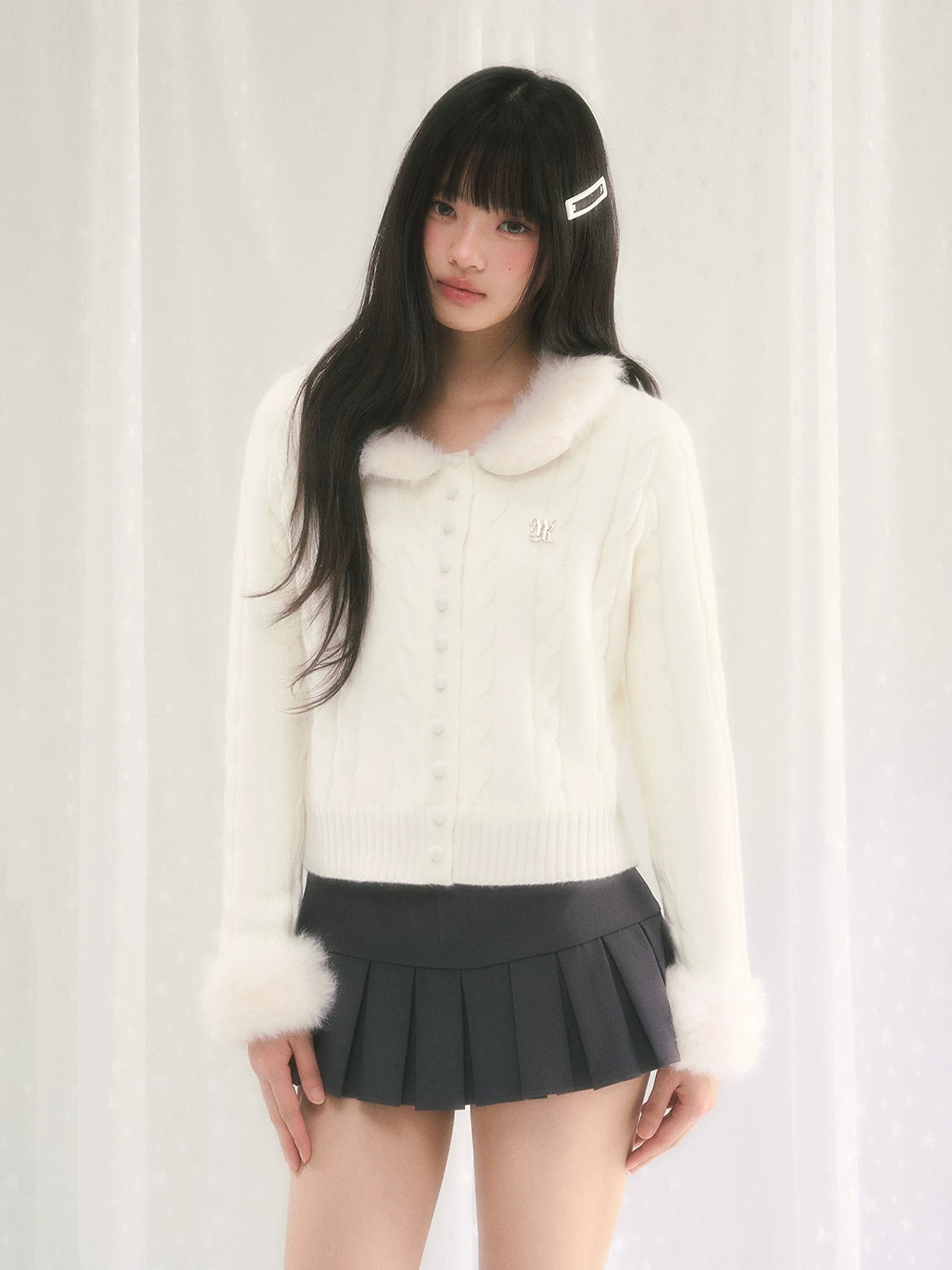 Cable Knit Fur Collar Cardigan