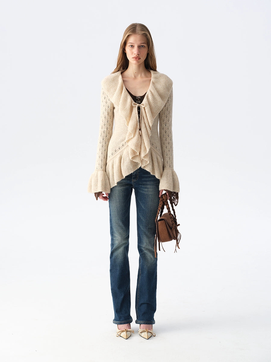 Two-Tone Openwork Ruffle Longline Cardigan