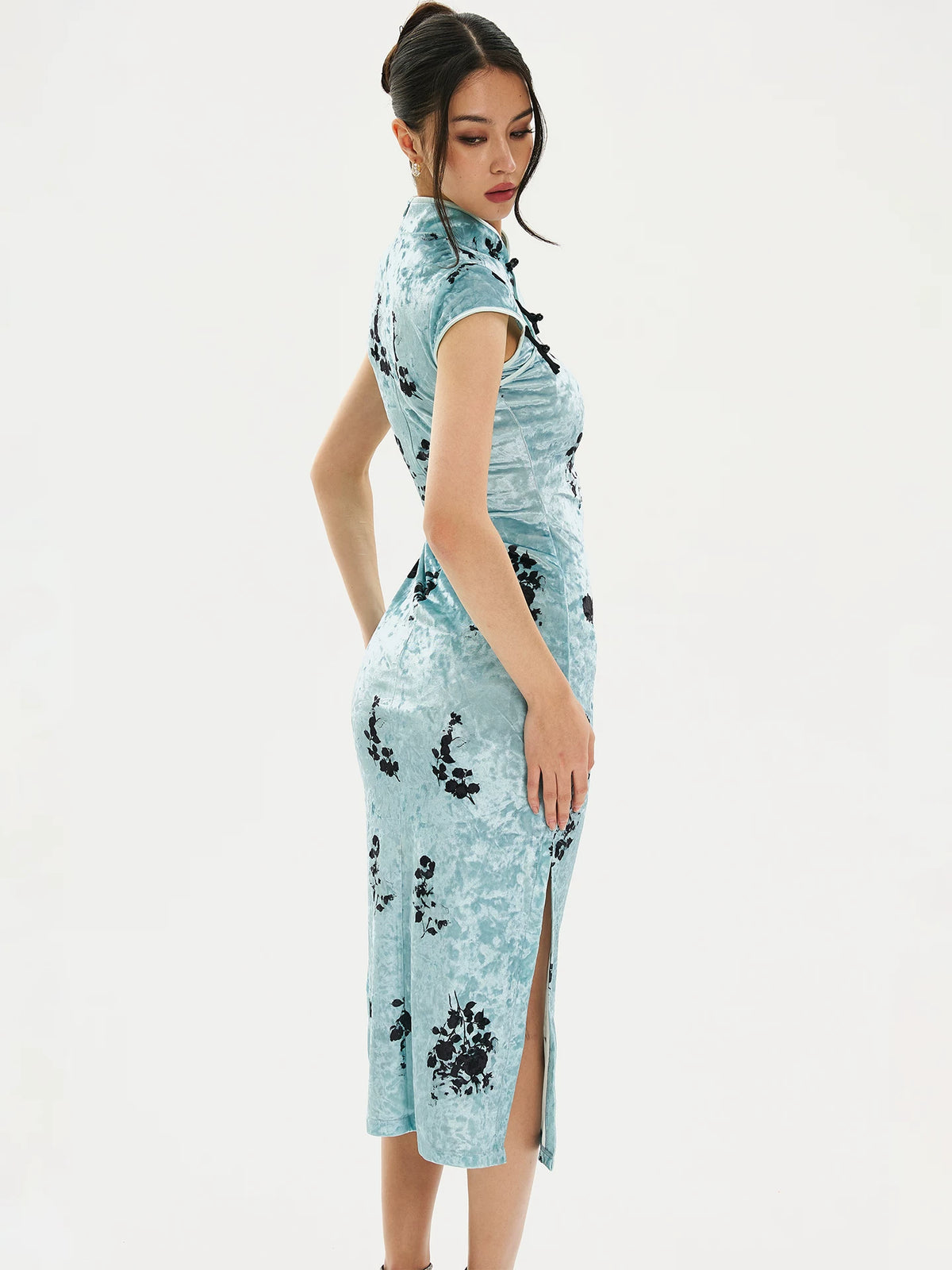 Light Blue Ink Floral Qipao Dress