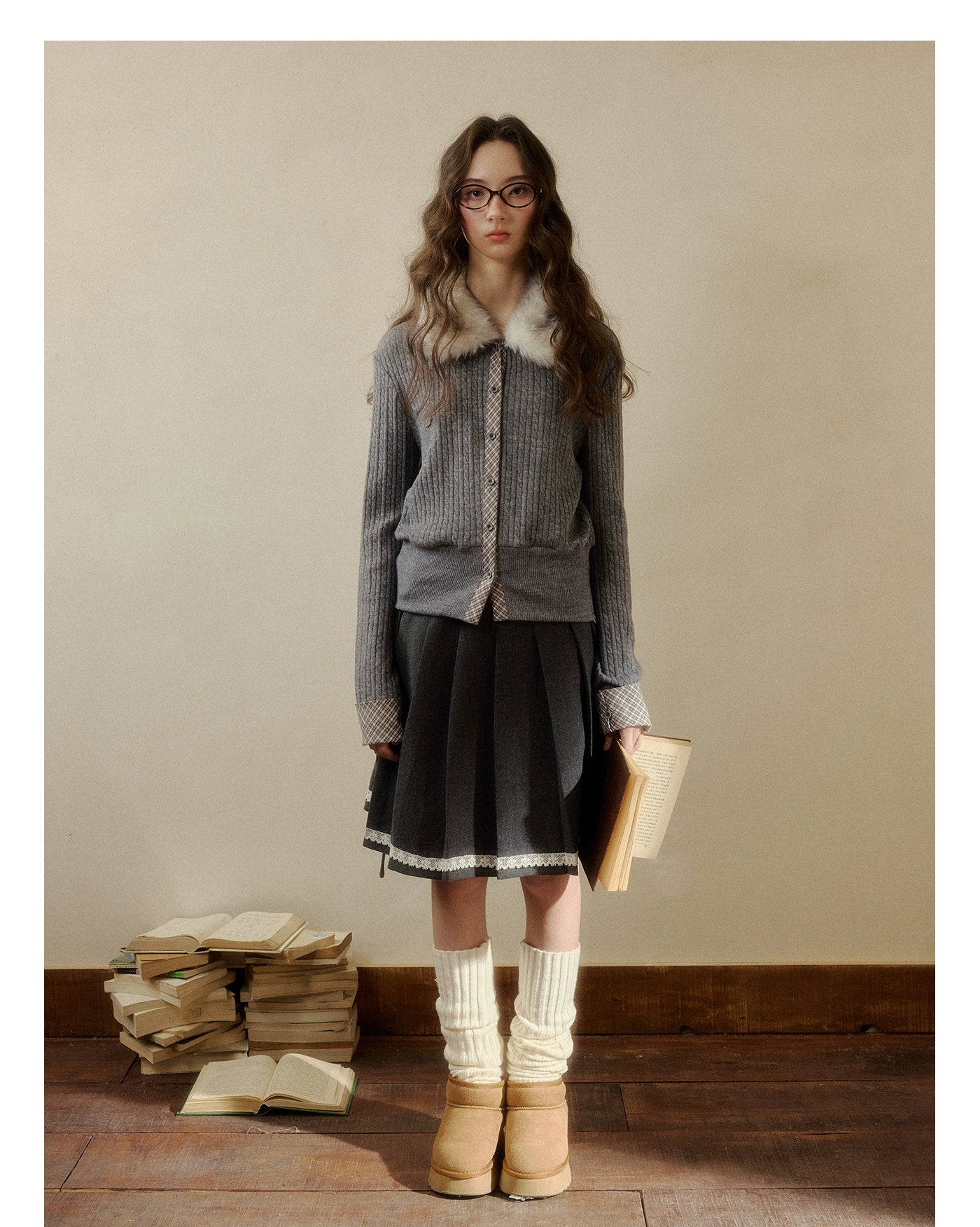 Fur-Collar Plaid Knit Cardigan