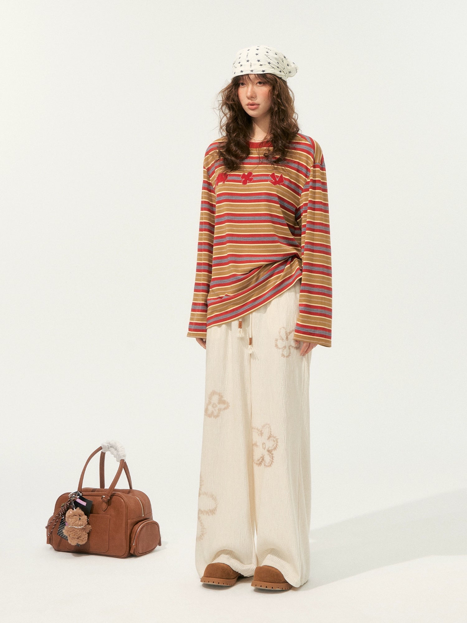 Color-Block Applique Embroidered Striped Long-Sleeve T-Shirt