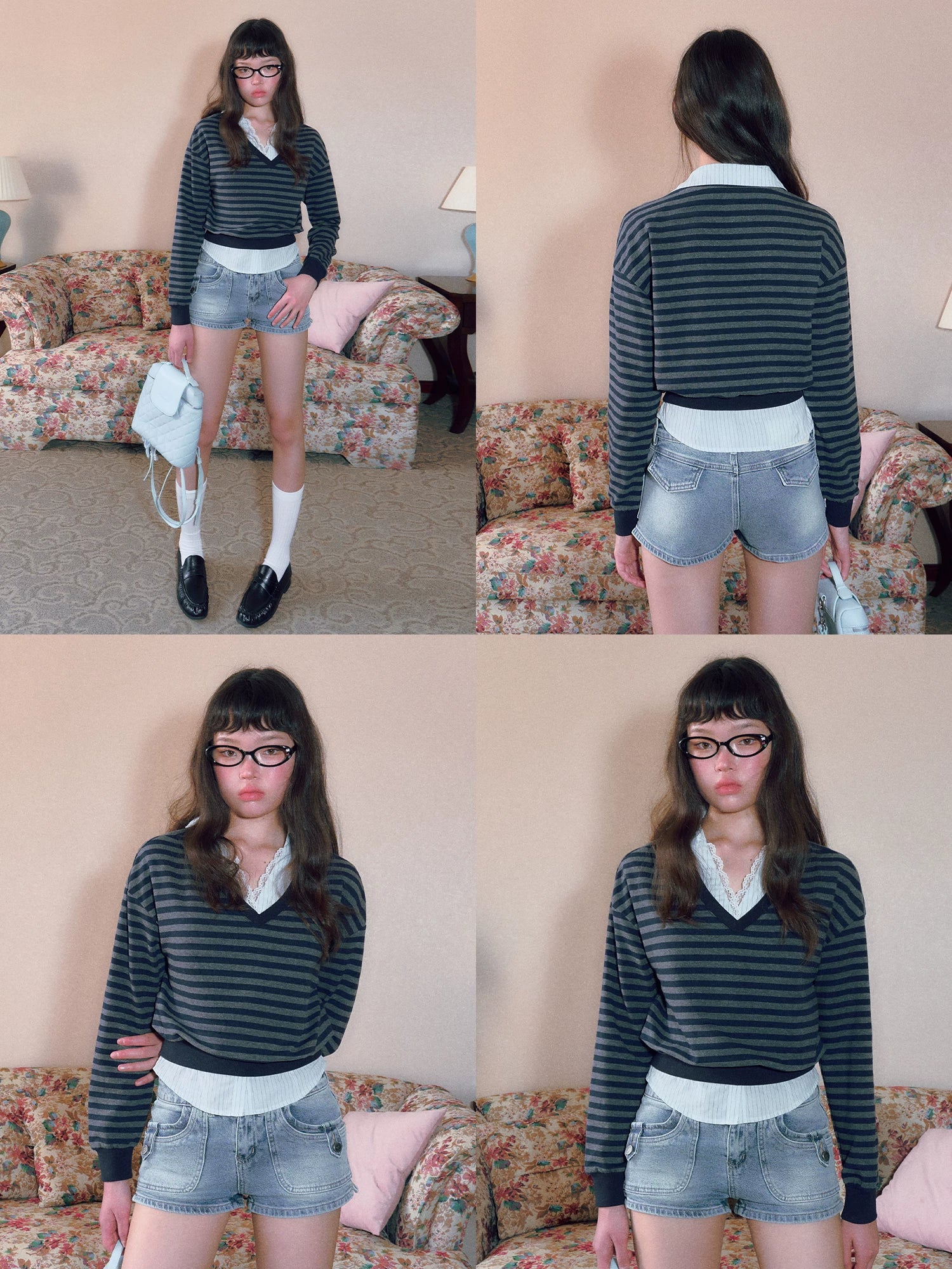 Lace V-Neck Striped Shirt
