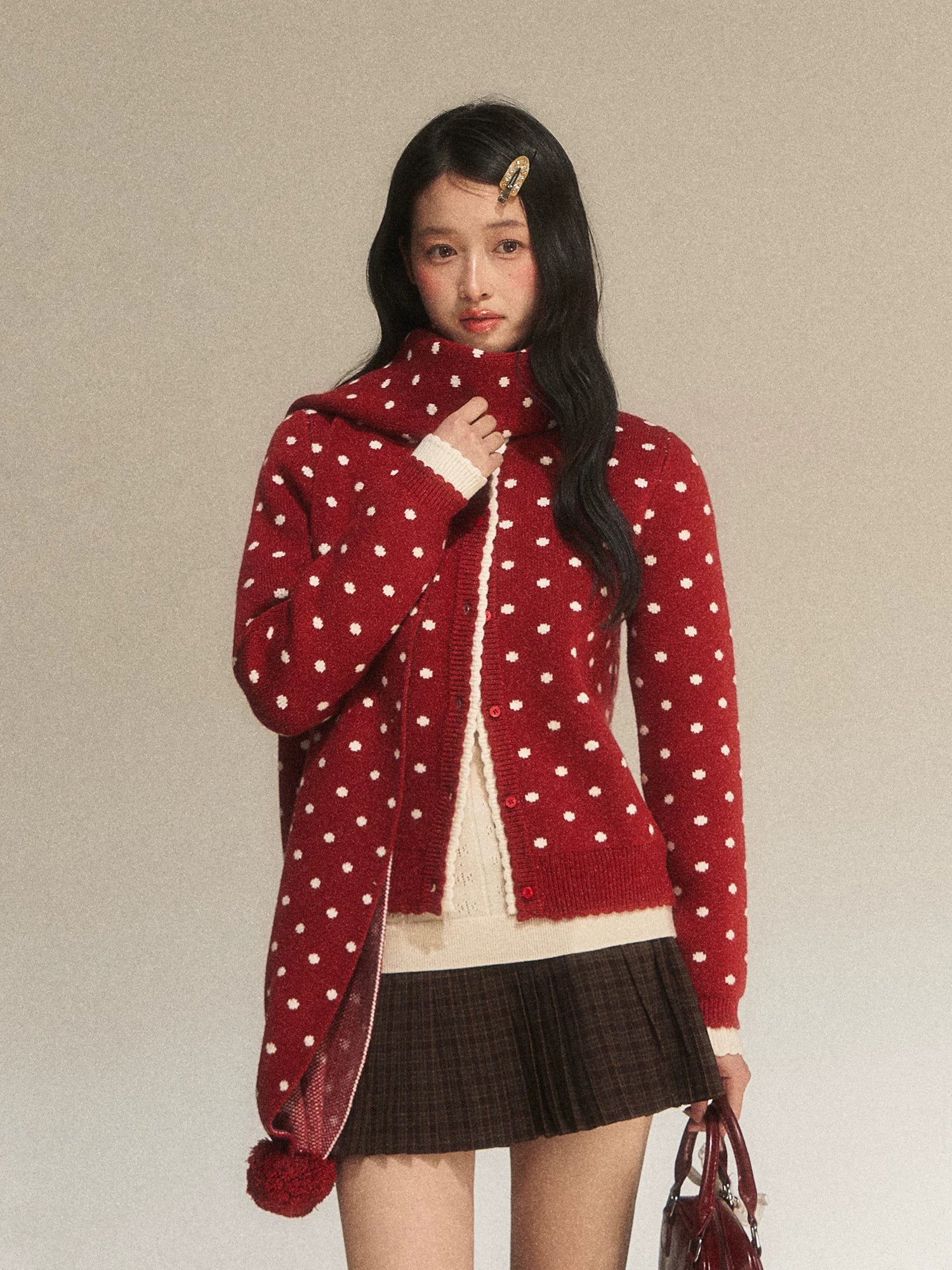 Red Contrast Polka Dot Knit Cardigan