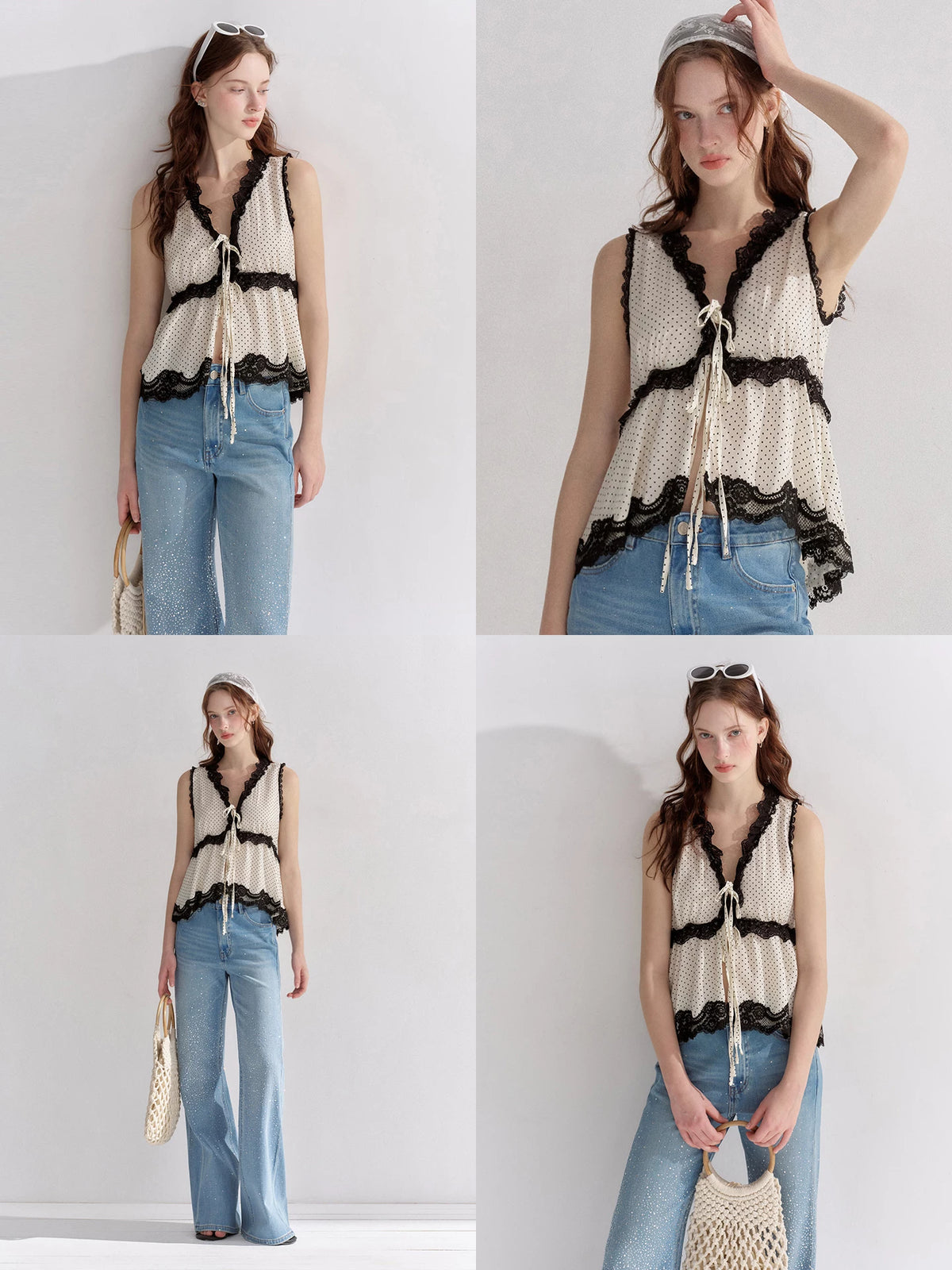 Lace Trim Polka Dot Vest
