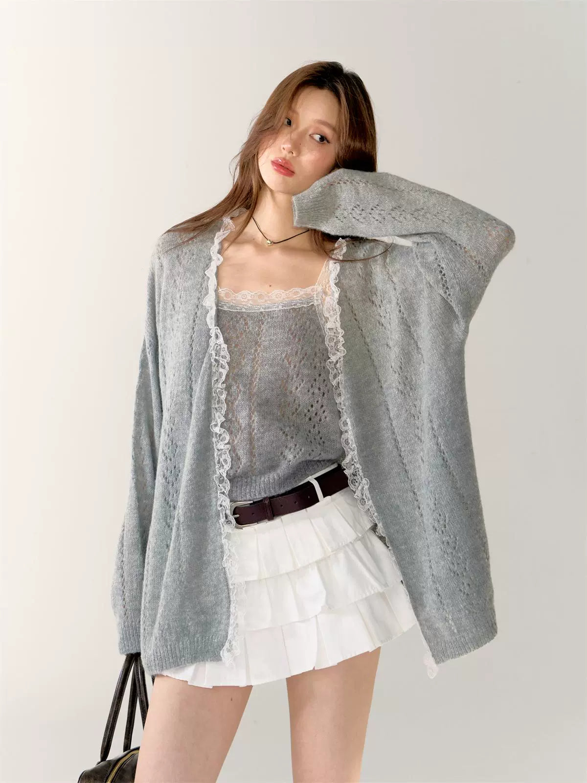 Gray & Purple Lace Trim Cardigan