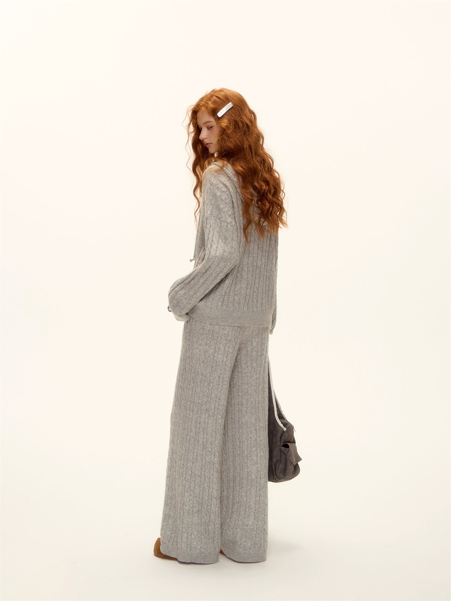 Wool Blend Cable Knit Hoodie and Pants Set