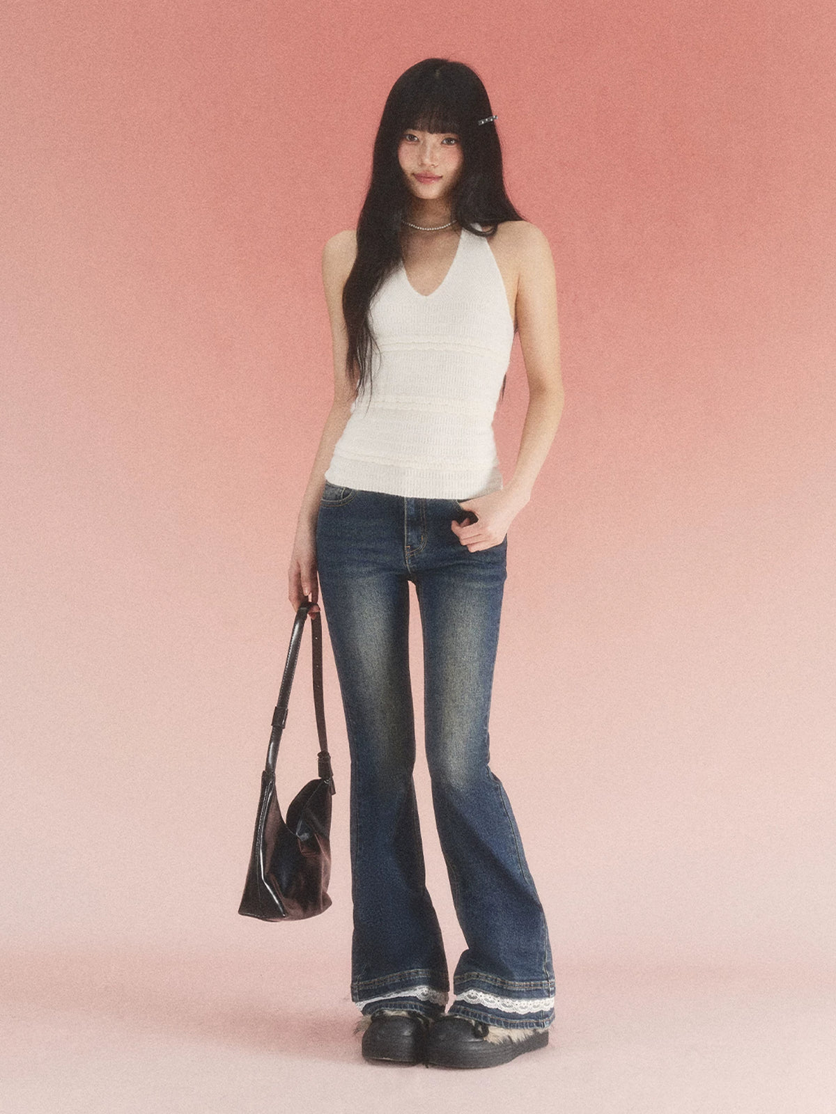 White Textured Halter Knit Top