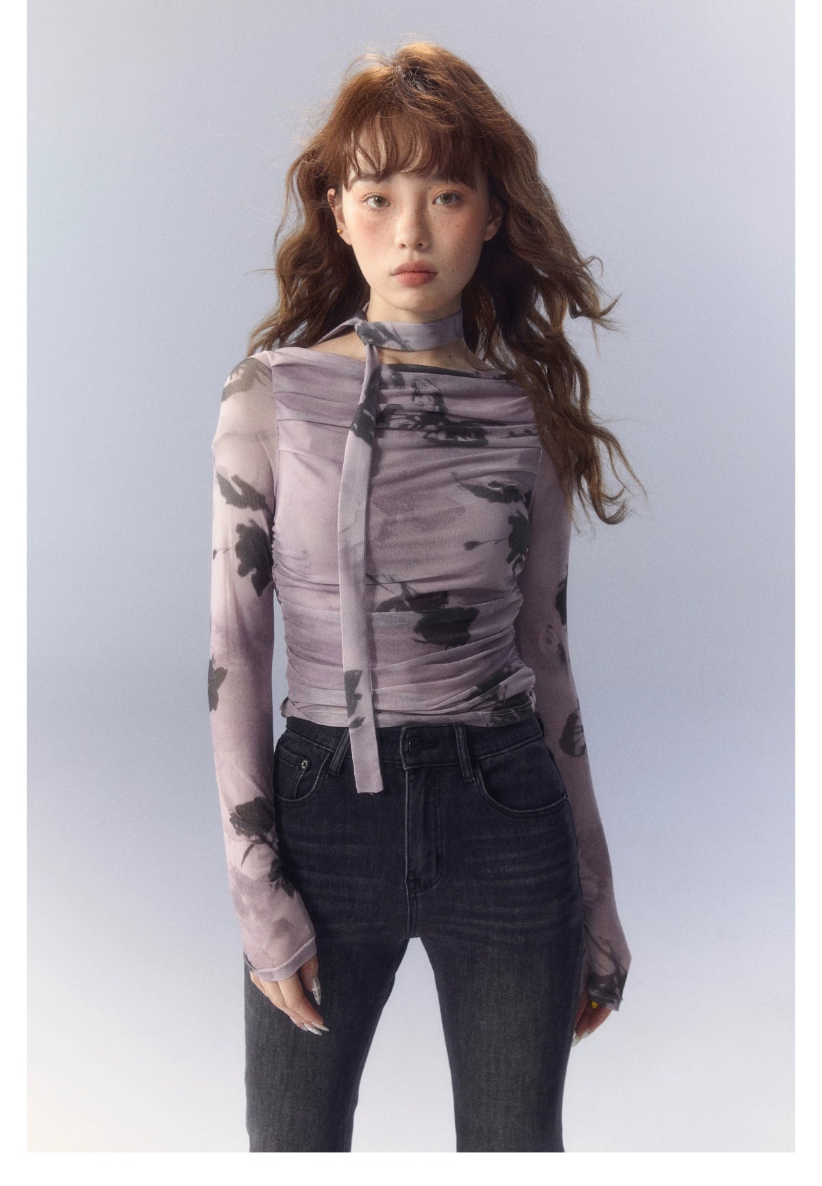 Purple Rose Printed Mesh Long Sleeve T-shirt