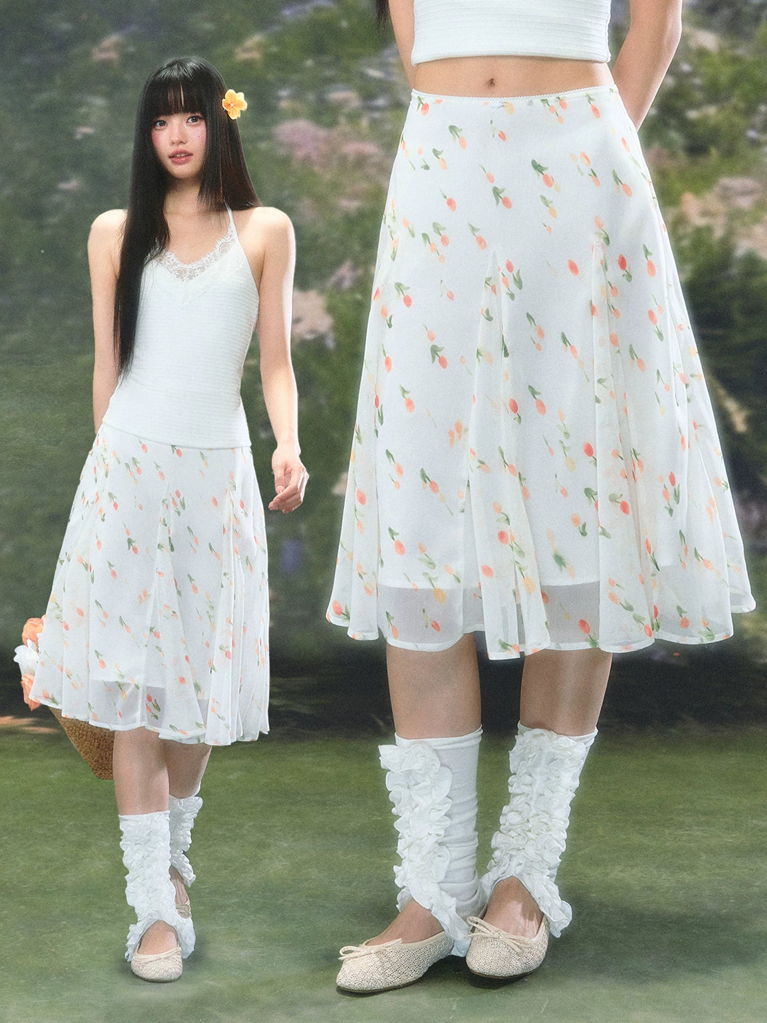 French Floral Chiffon Midi Skirt
