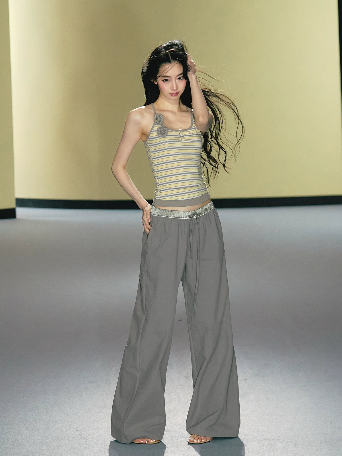 Satin Waistband Wide-Leg Pants
