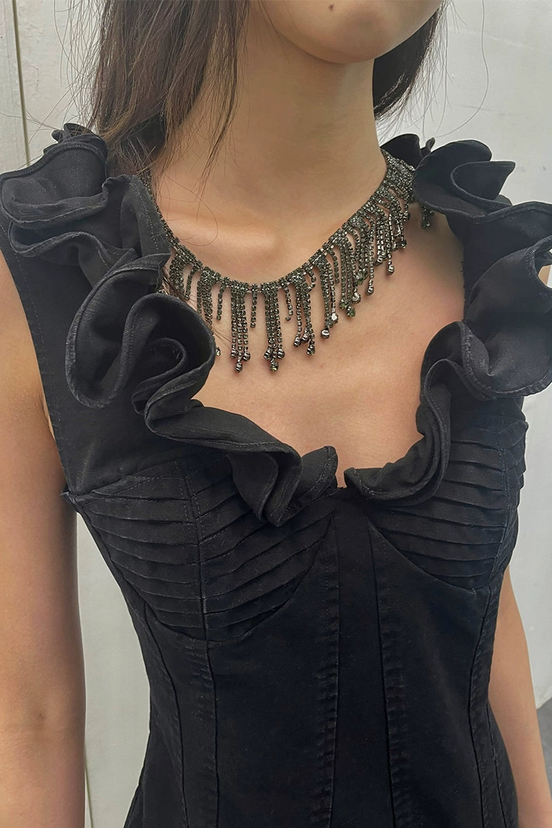 Black Ruffled V-neck Denim Dress