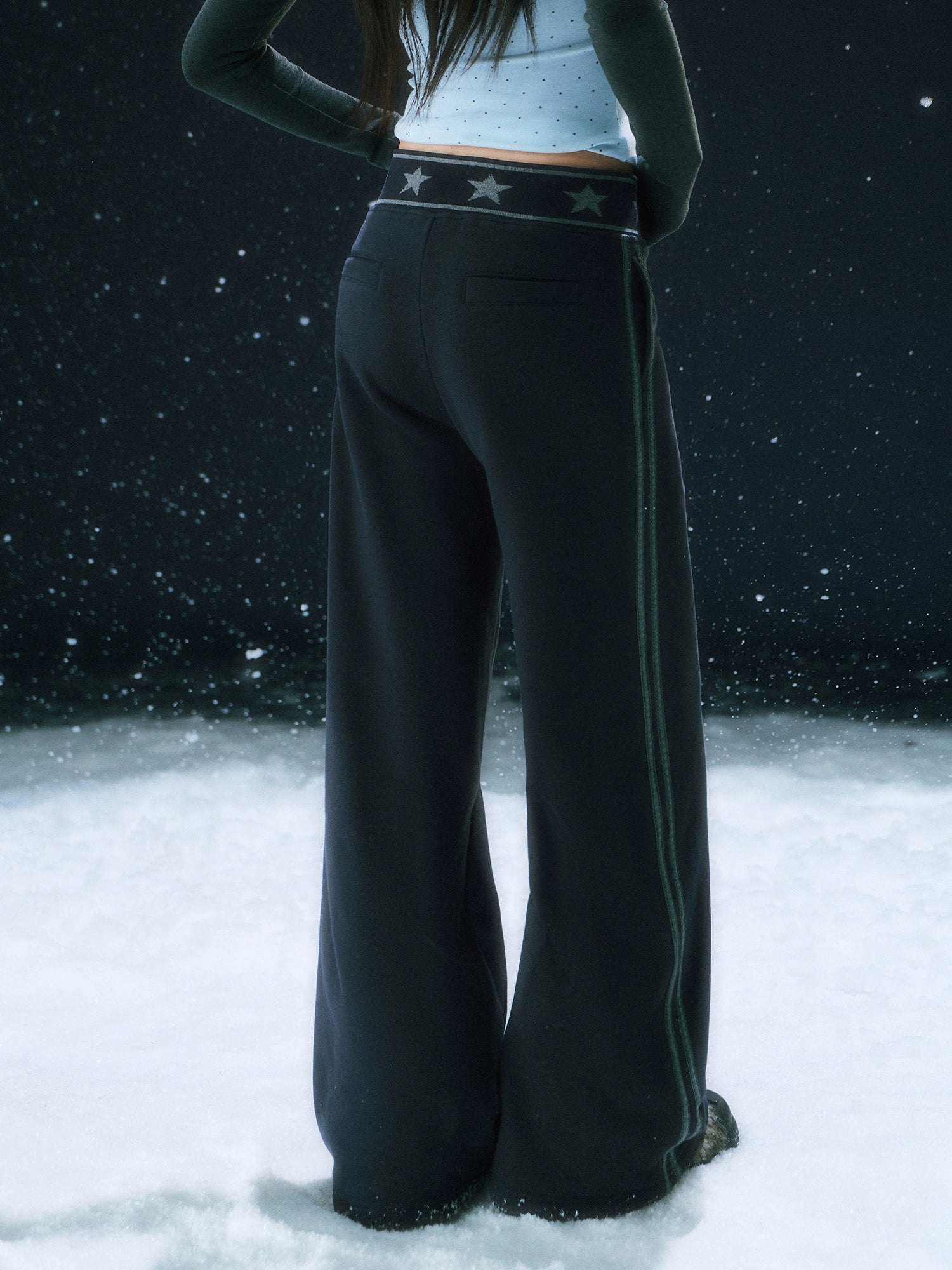 Navy Blue Star Waist Print Straight Sweatpants