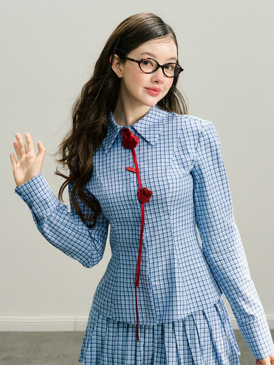 Red Rose & Navy Blue Rose Checkered Shirt