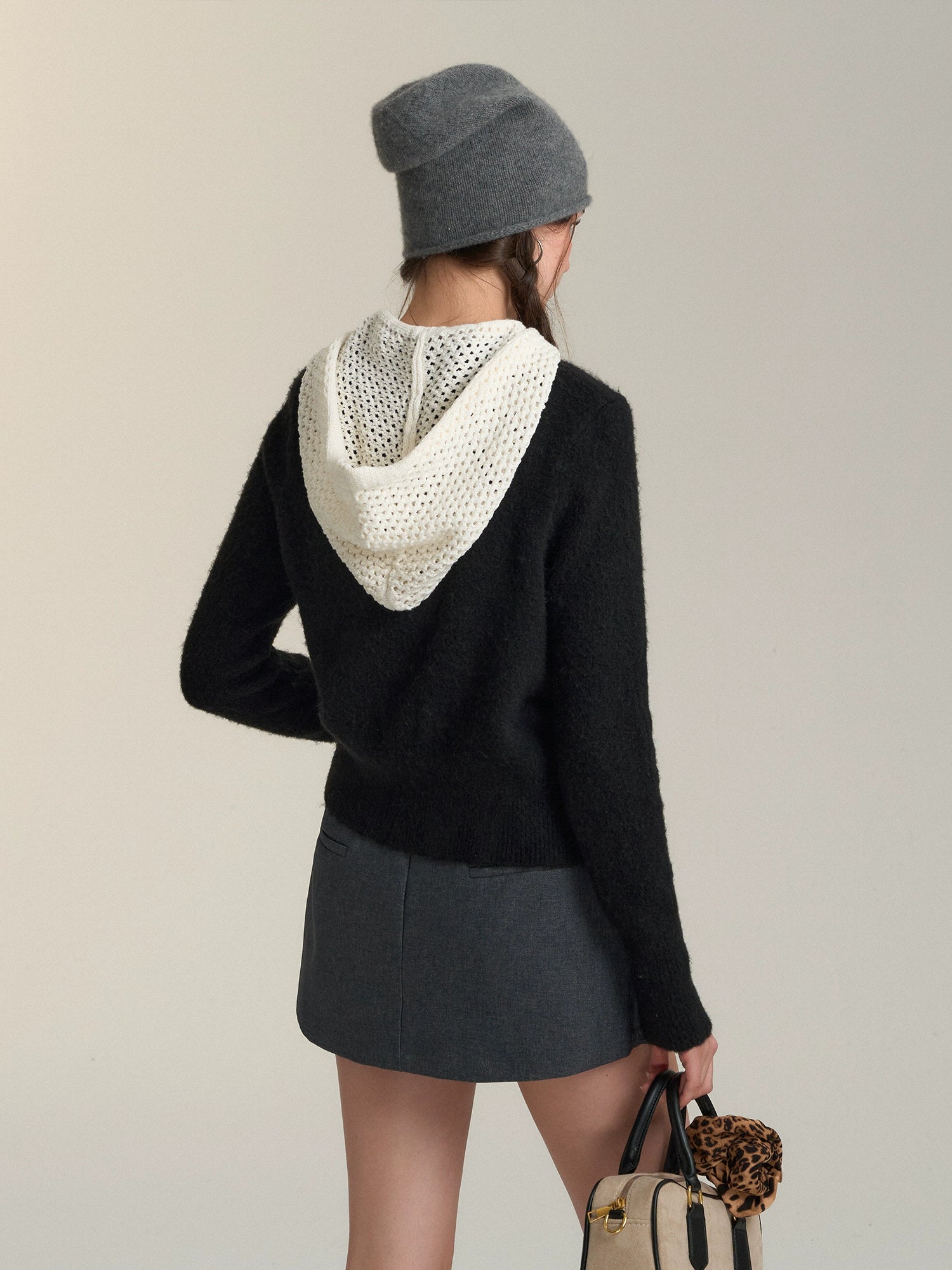Hollow‑Knit Hooded Cardigan