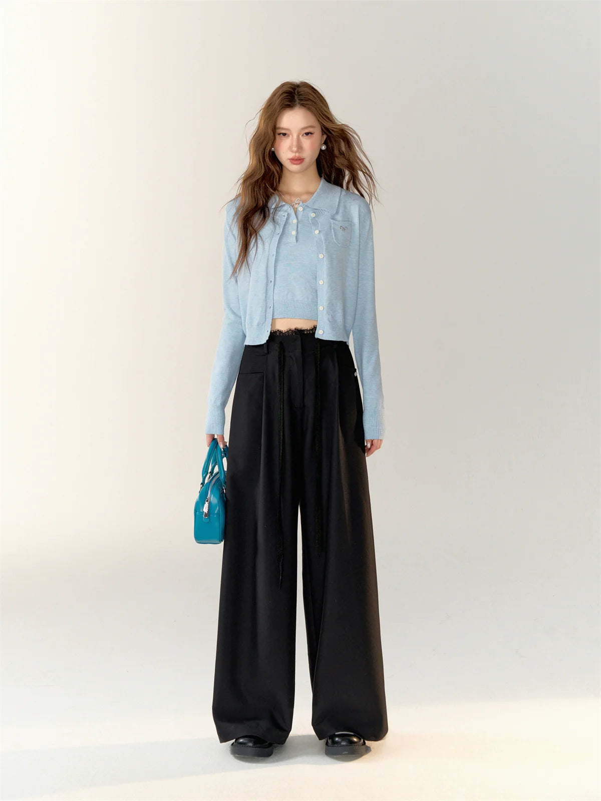 Lace Spliced High-Waisted Straight-Leg Wide Pants
