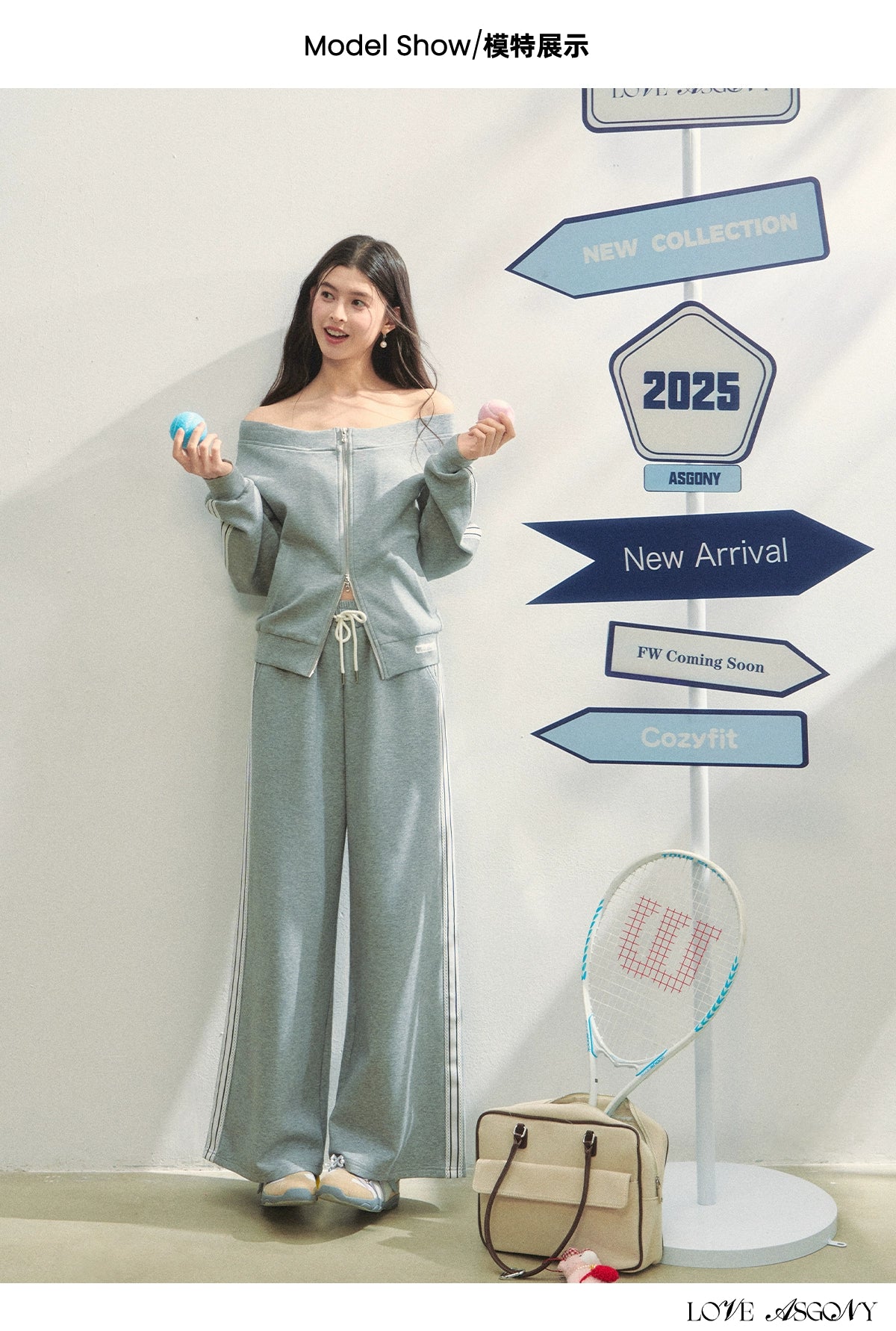 Off-Shoulder Zip-up Sweatshirt & Pants Set
