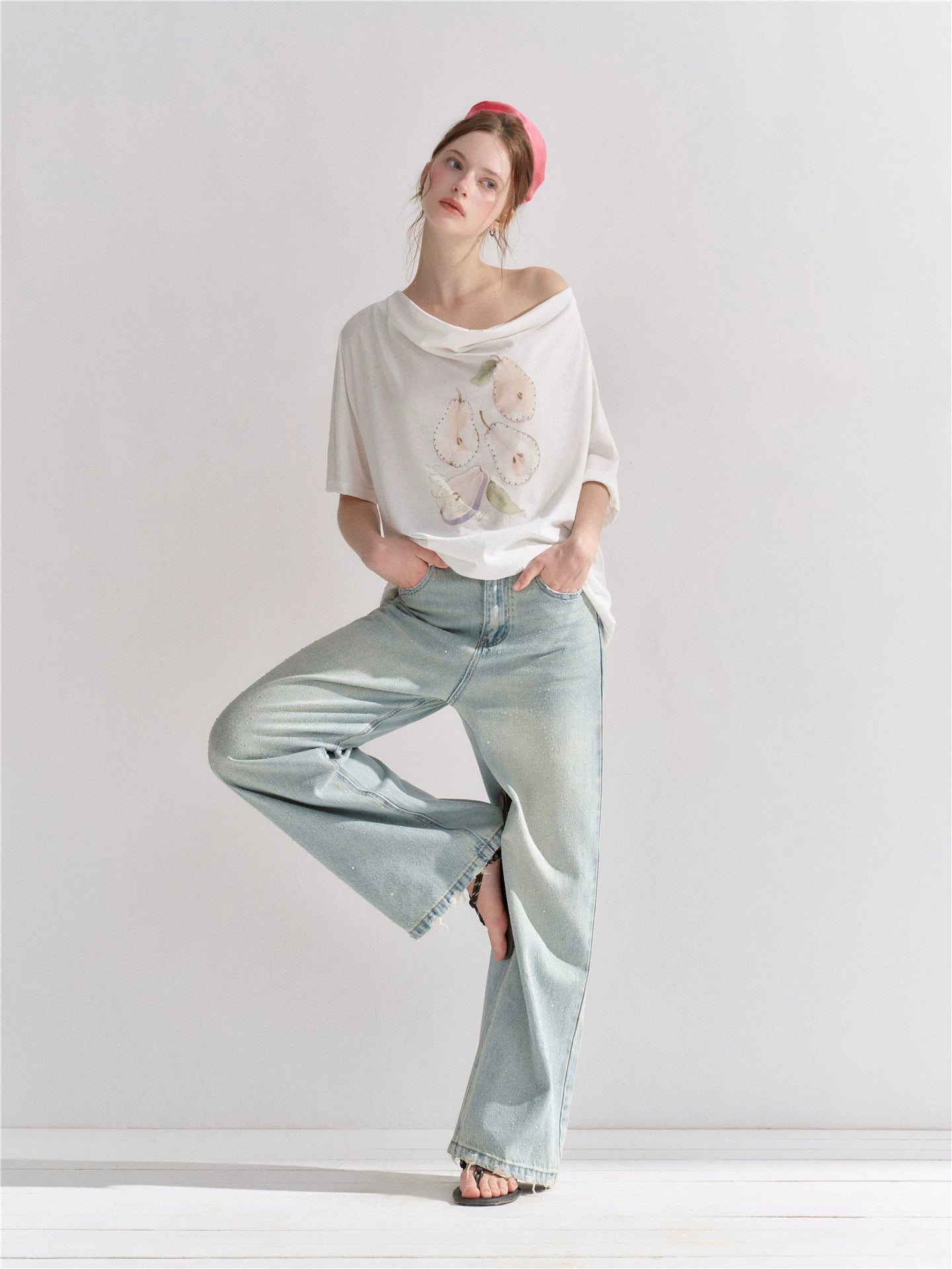 Rhinestone Pear Print Draped T-shirt