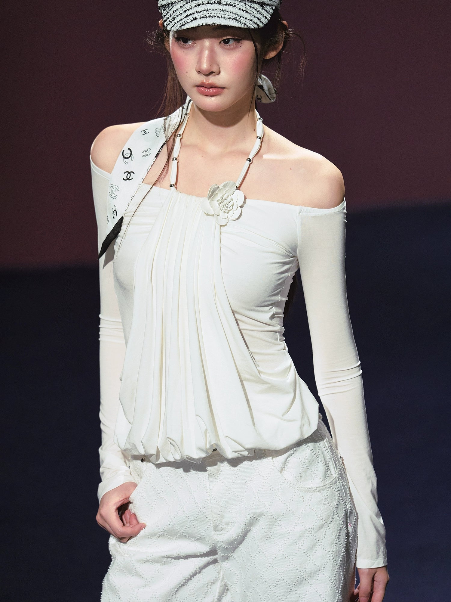 Fake Two-Piece Halter Ruched Floral One-Shoulder Blouse