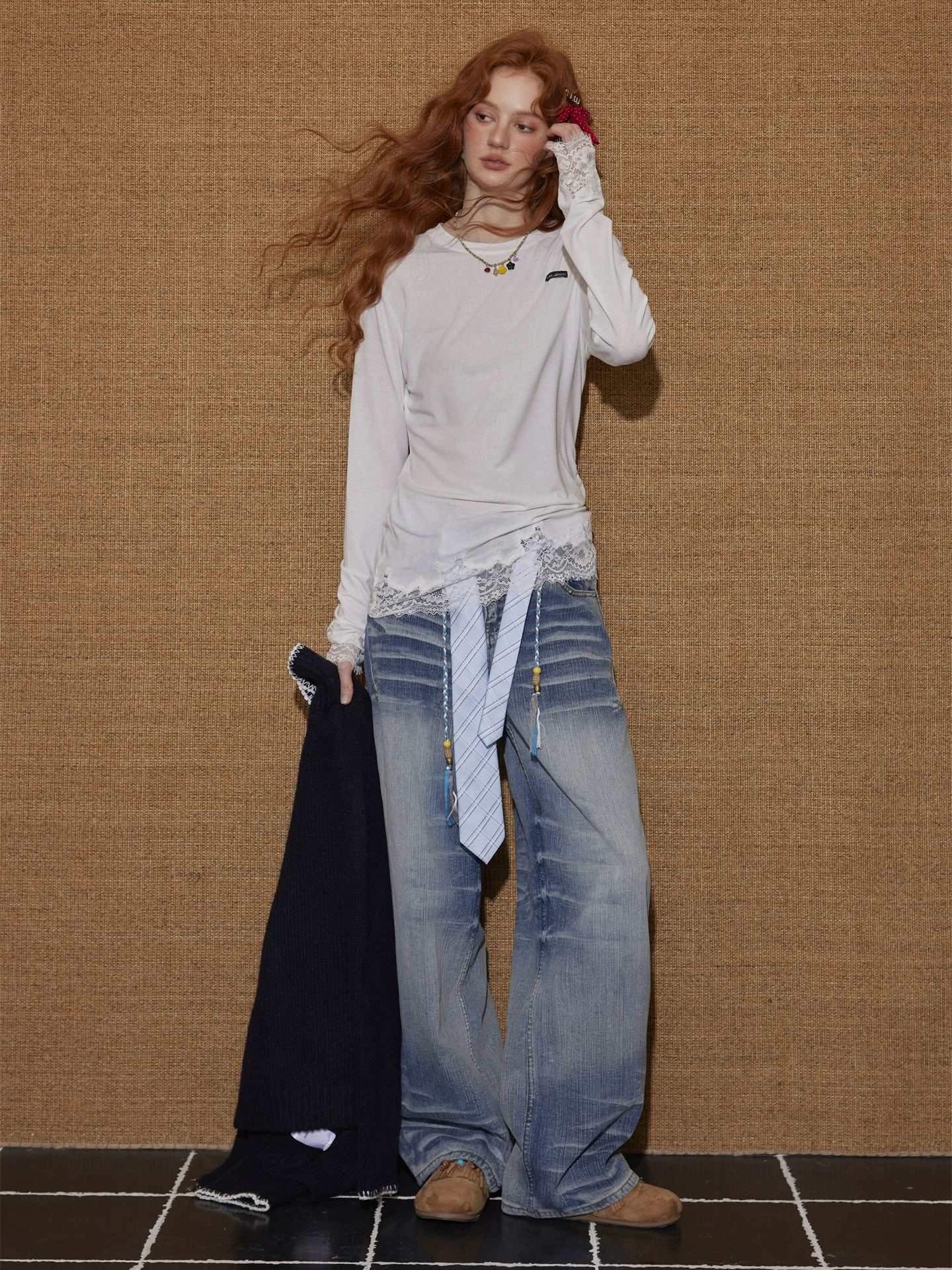 Lace Panel Long-Sleeve Top