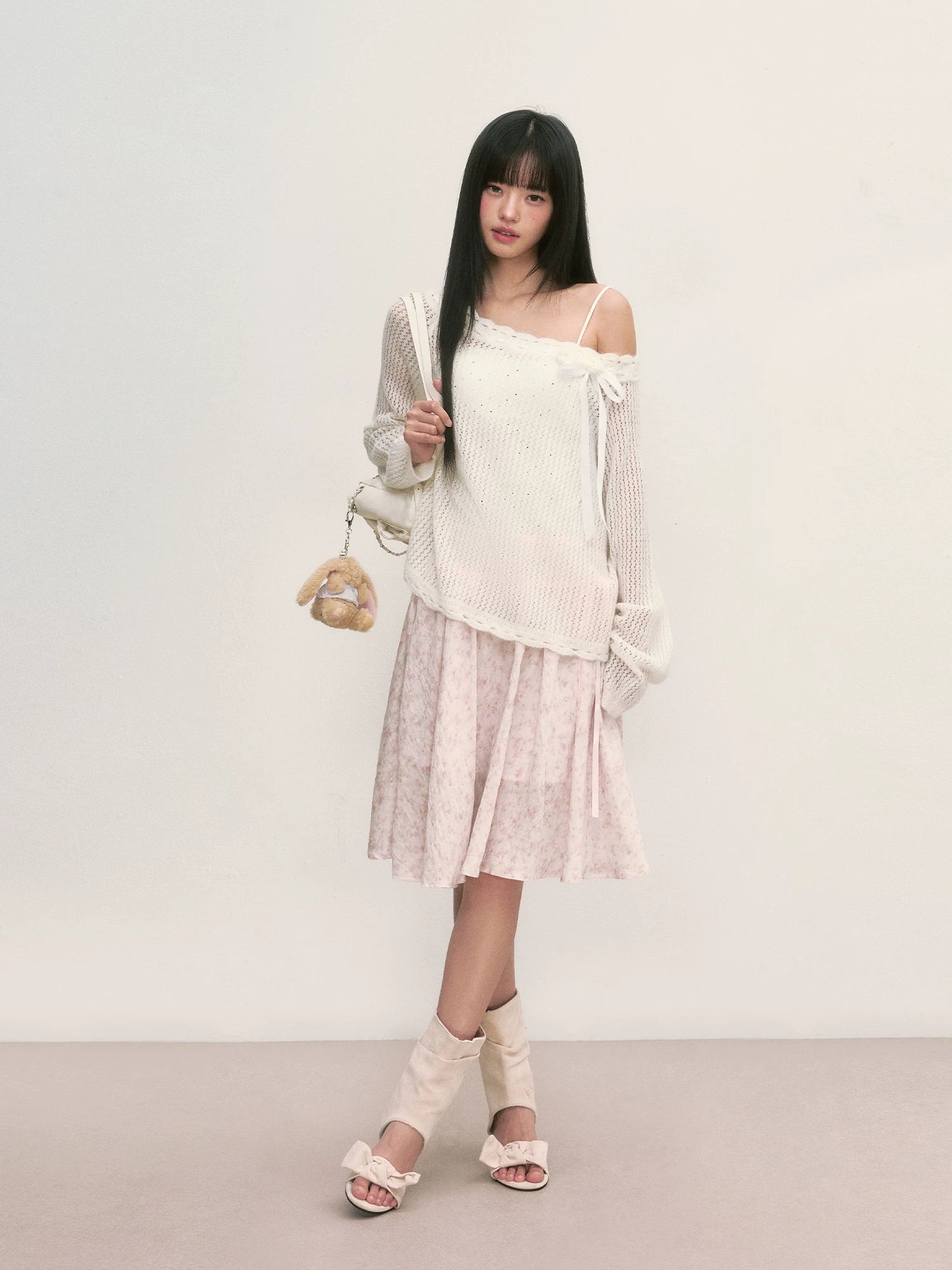 White Lace Knit Blouse & Skirt Set