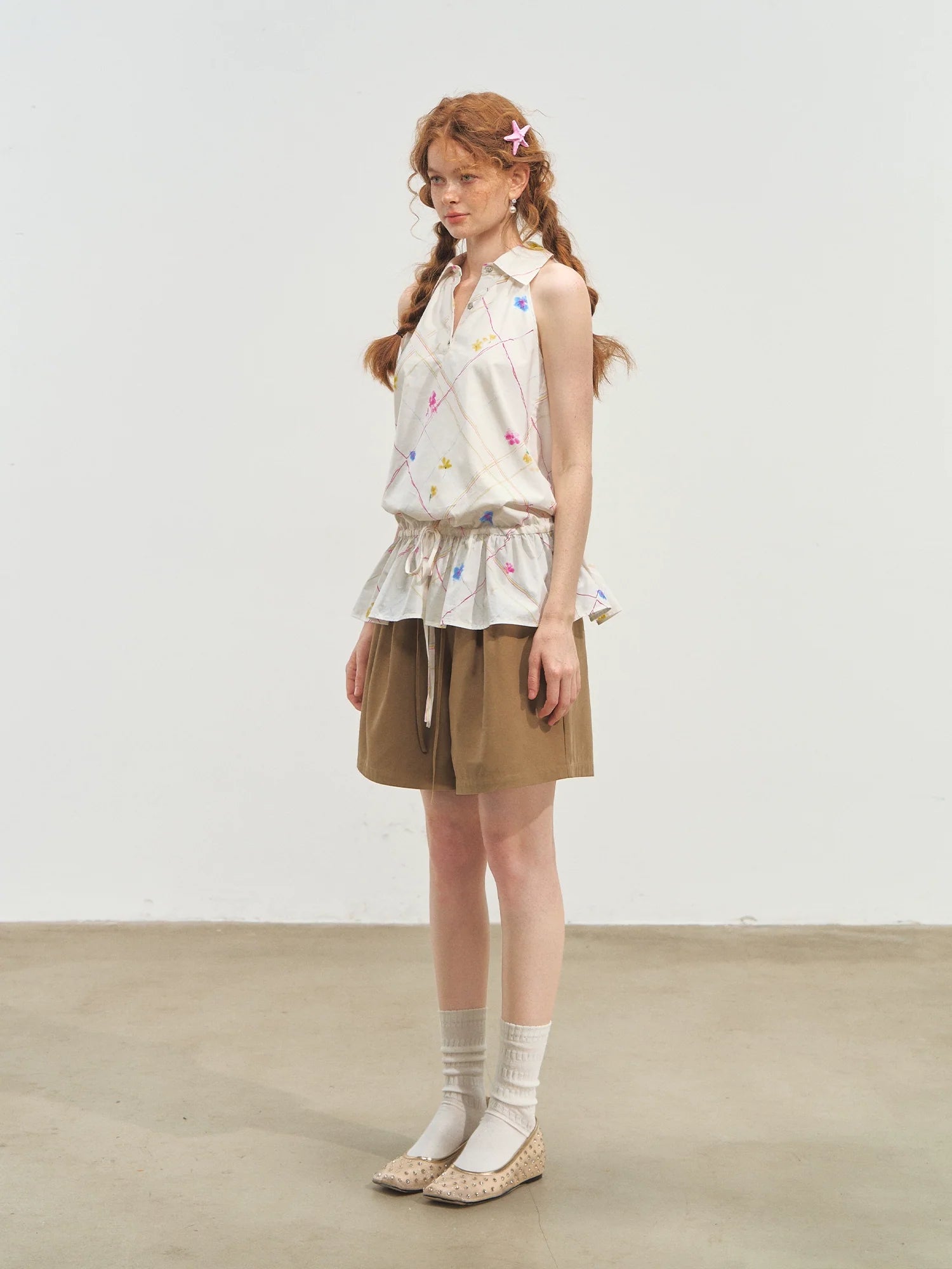 French-Style Printed Sleeveless Halter Tie-Up Top