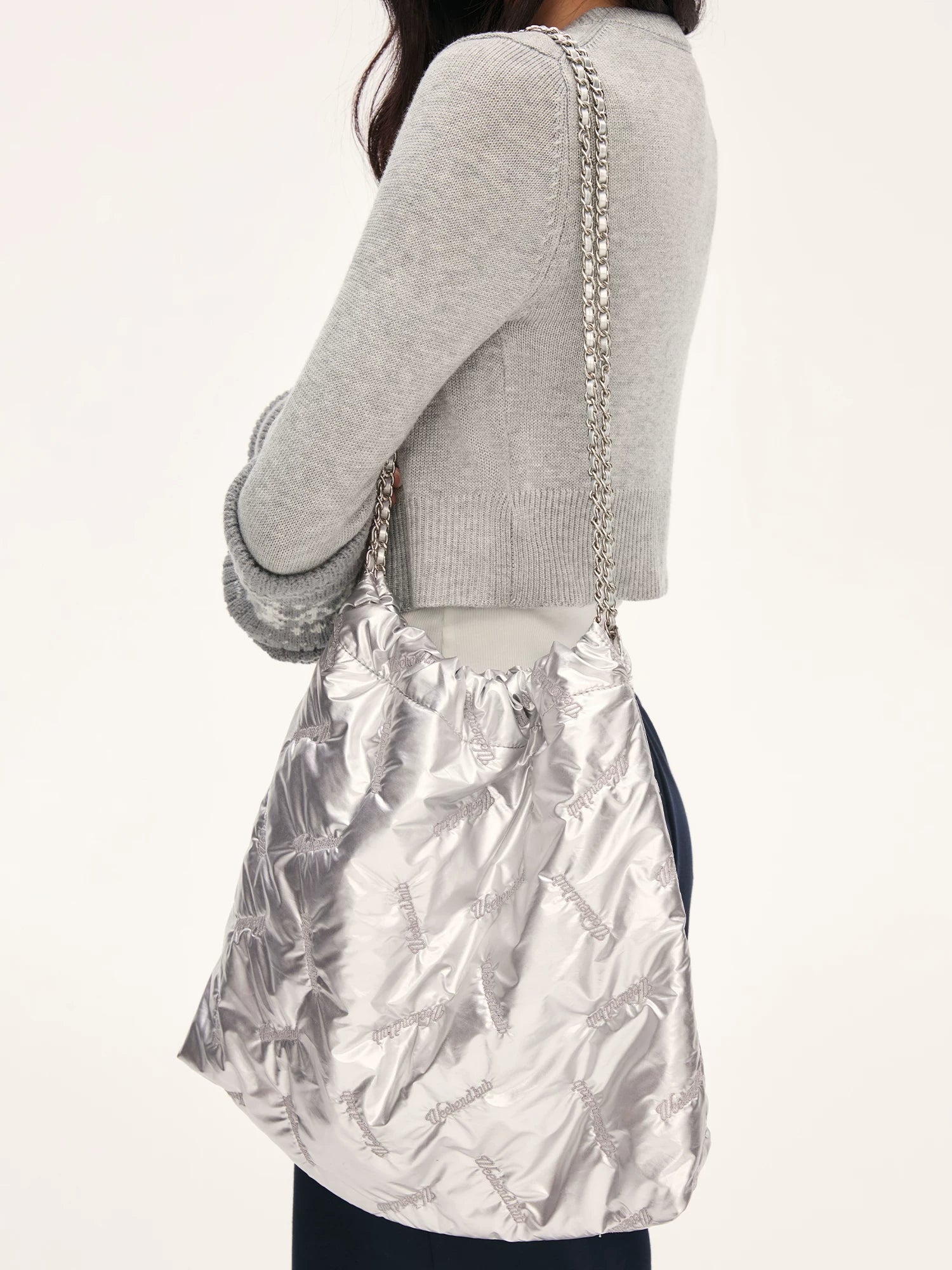Gray Embroidered Chain Bag