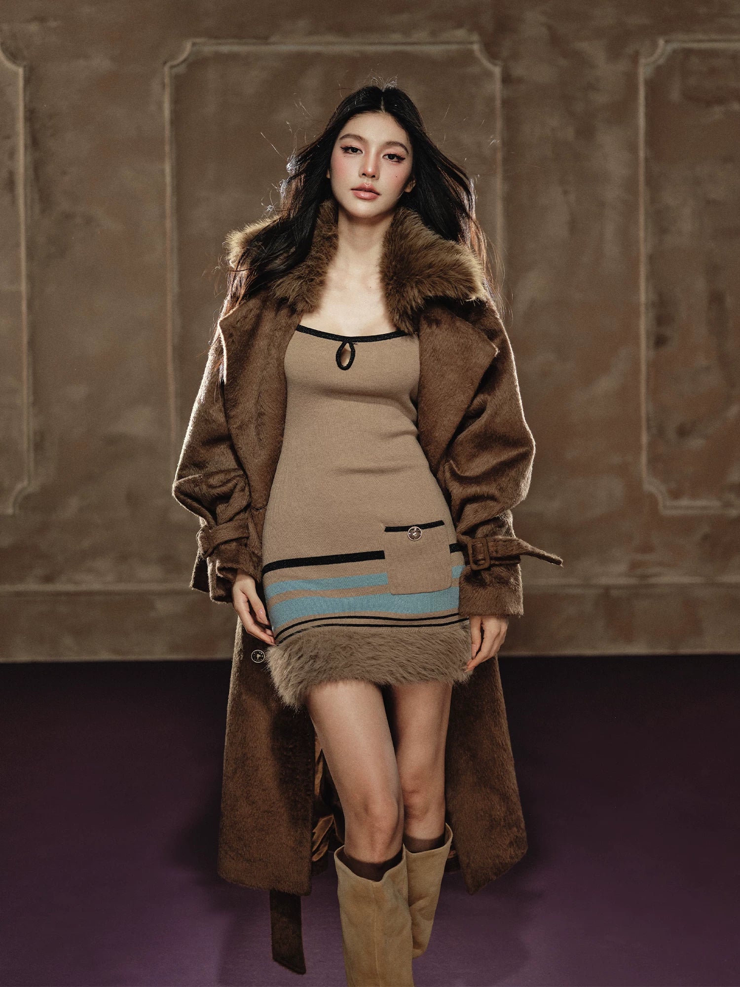 Large Lapel Long Coat & Dress Set