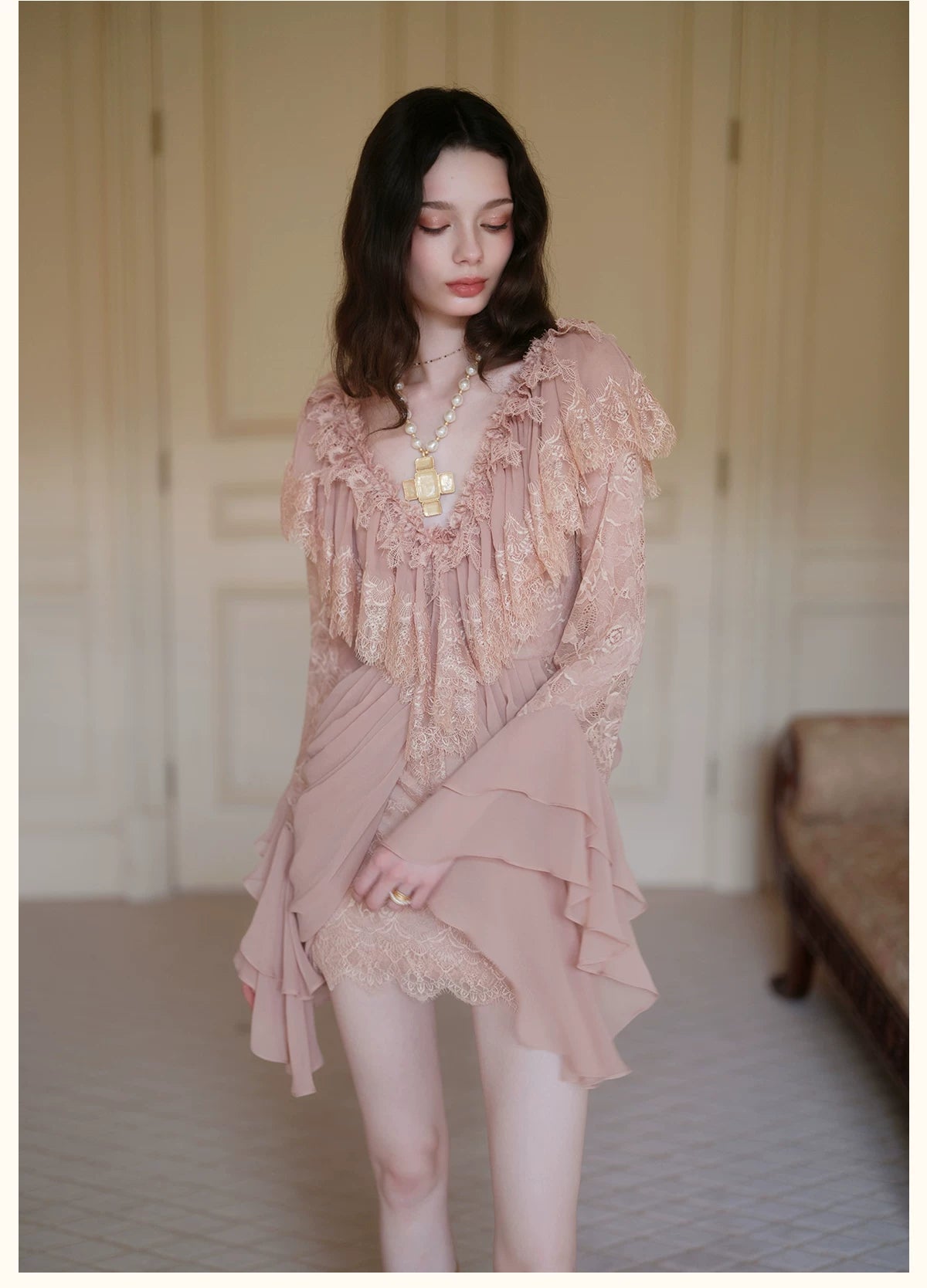 V-Neck Lace Pleated Dress