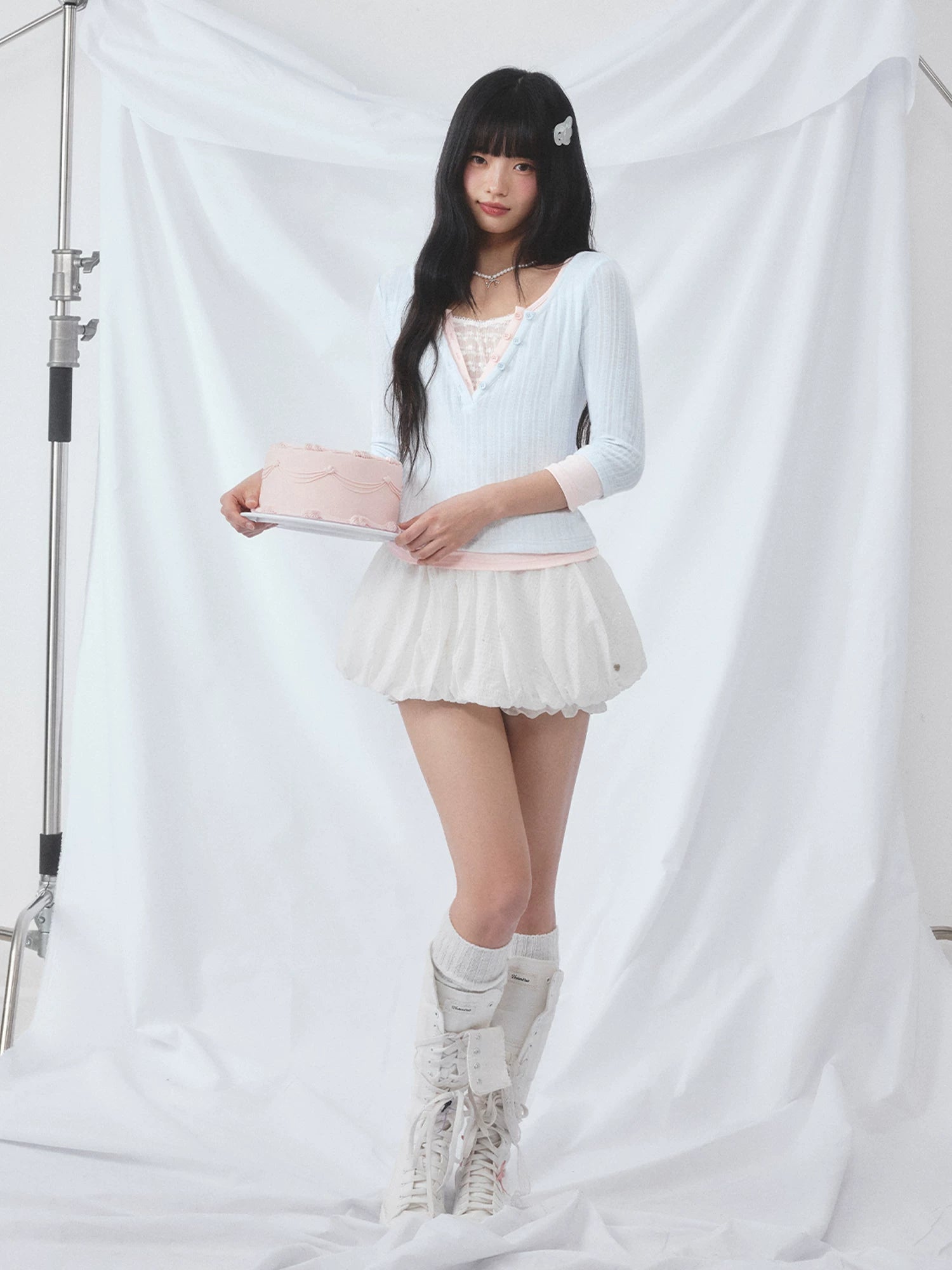 Light Blue Lace Panel Layered Top