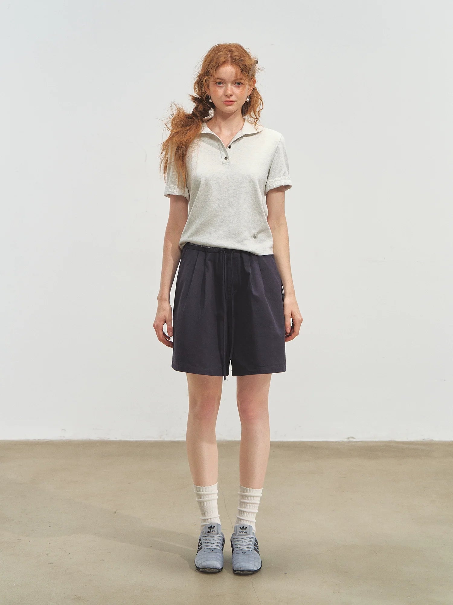 Striped Lace Short-Sleeve Polo Neck T-Shirt