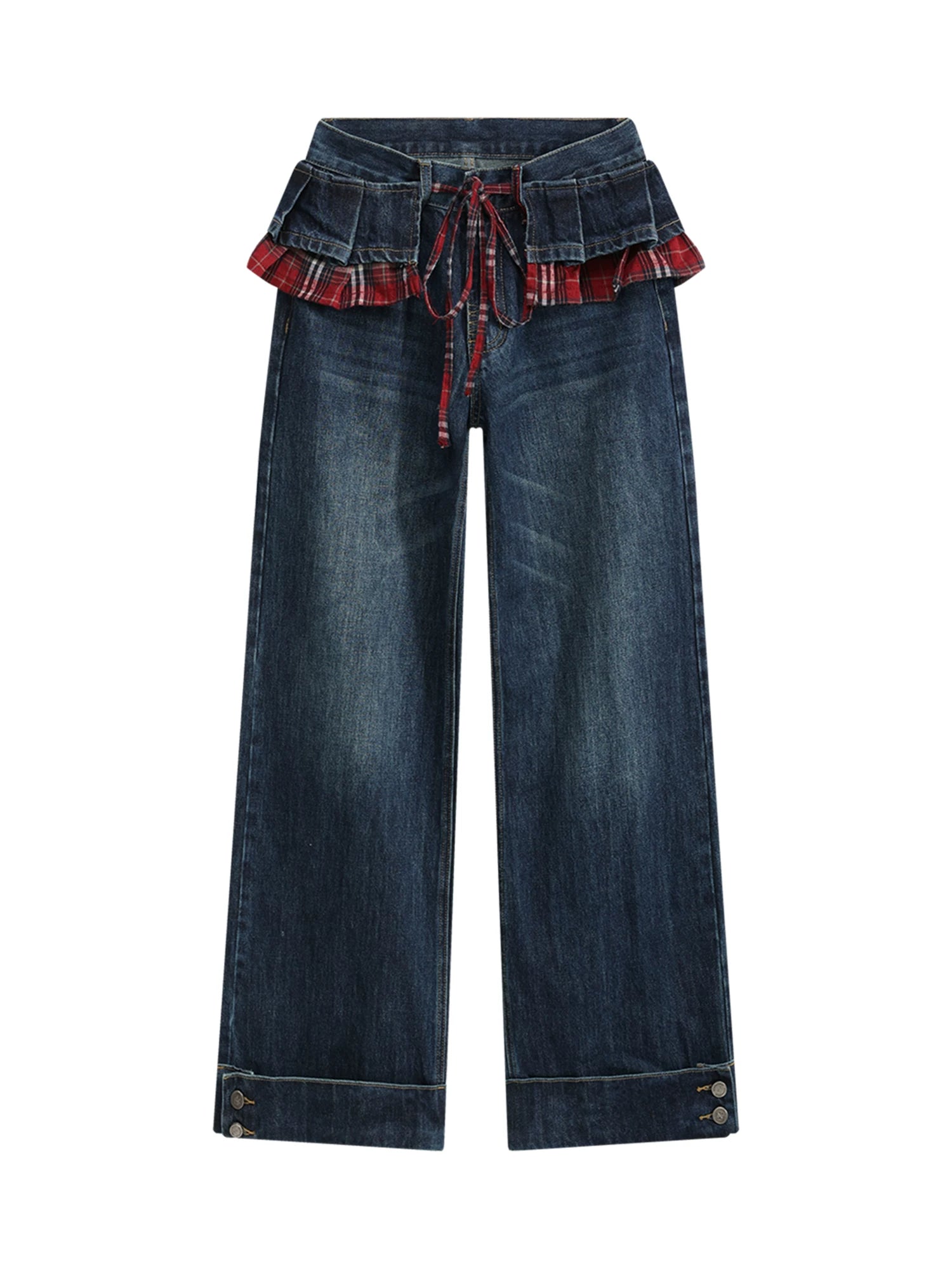 Vintage Patchwork Plaid Wide-Leg Jeans