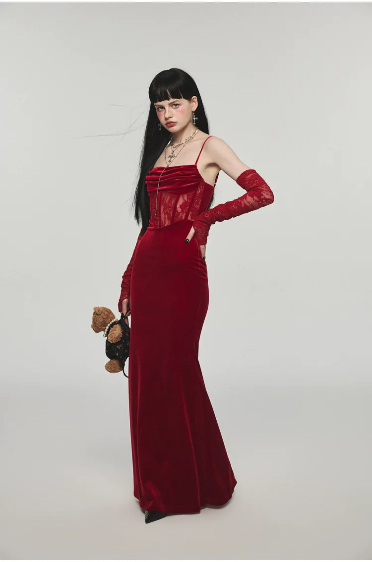 Mermaid Strap Long Velvet Bodycon Dress