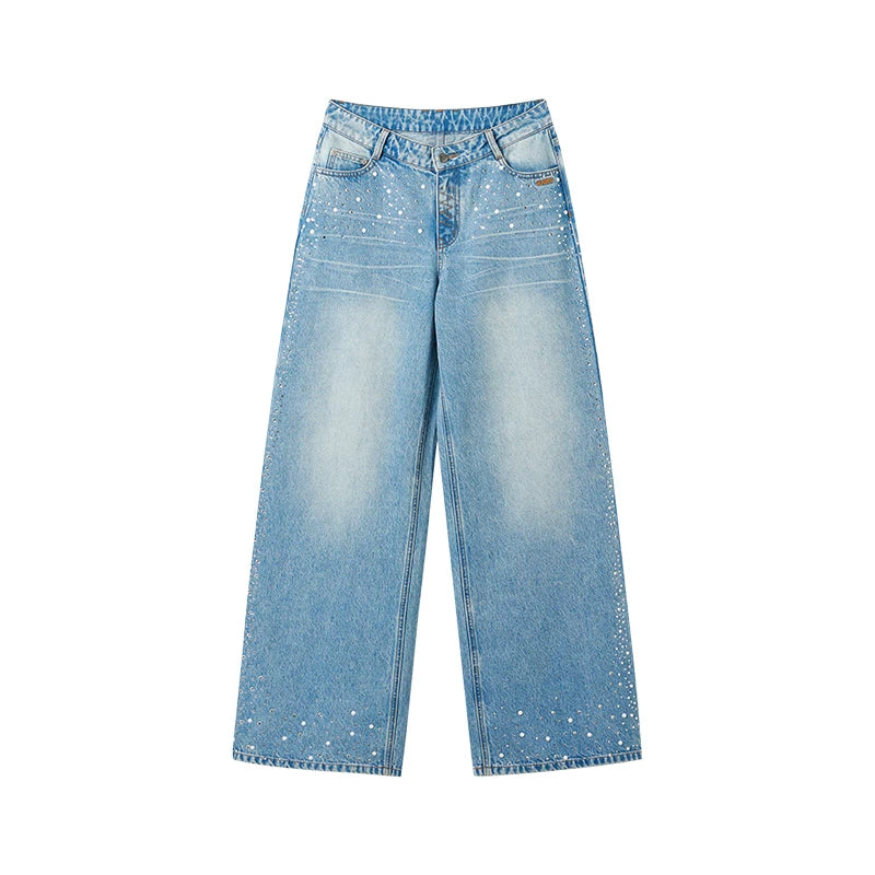 Low-Rise Wide-Leg Rhinestone Denim Pants