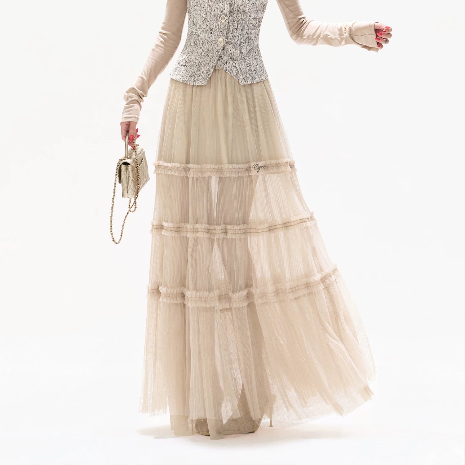 Champagne Pleated Mesh Skirt