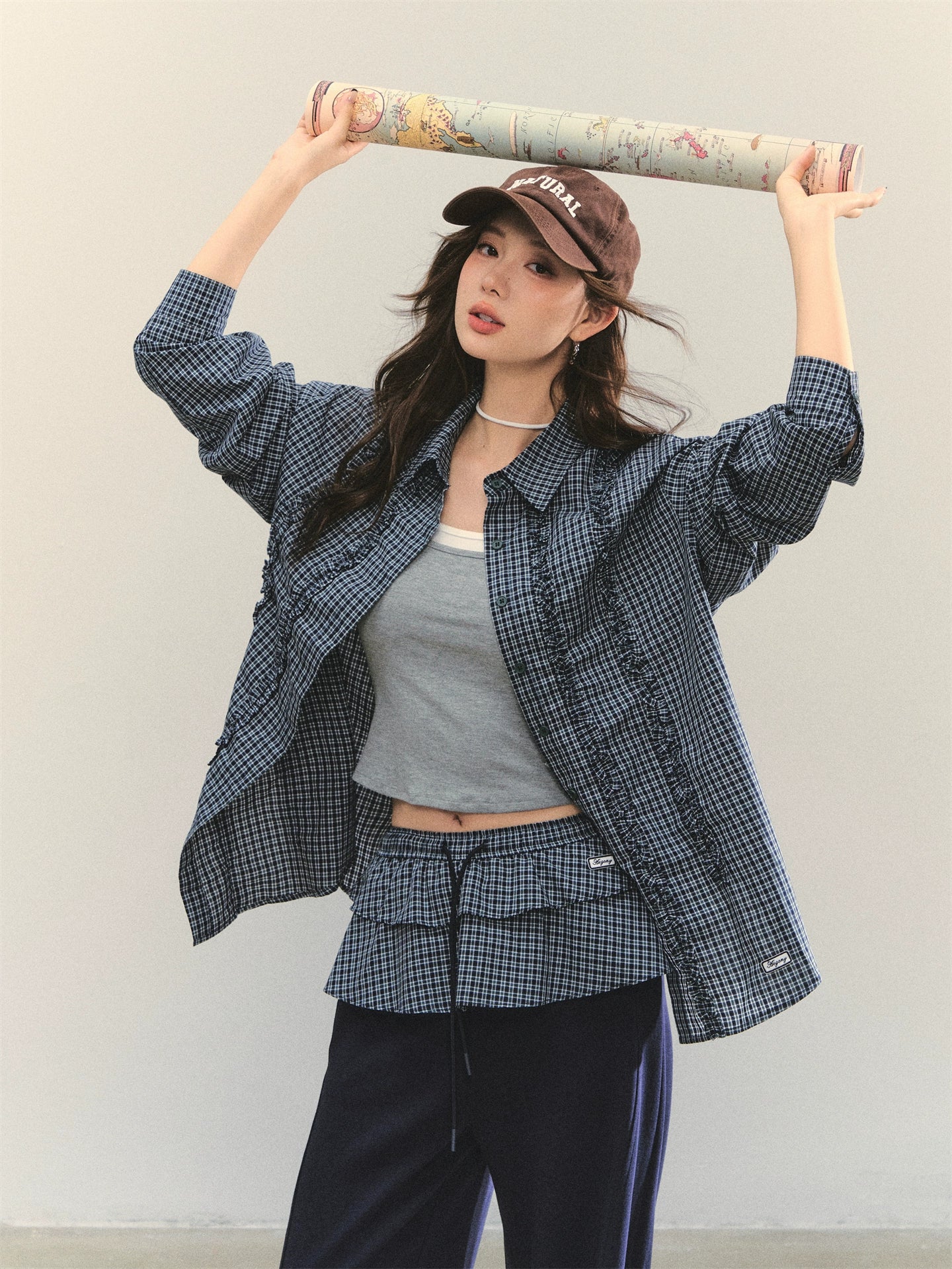 Plaid Ruffle Drawstring Pleated Shirt & Sweatpants Set