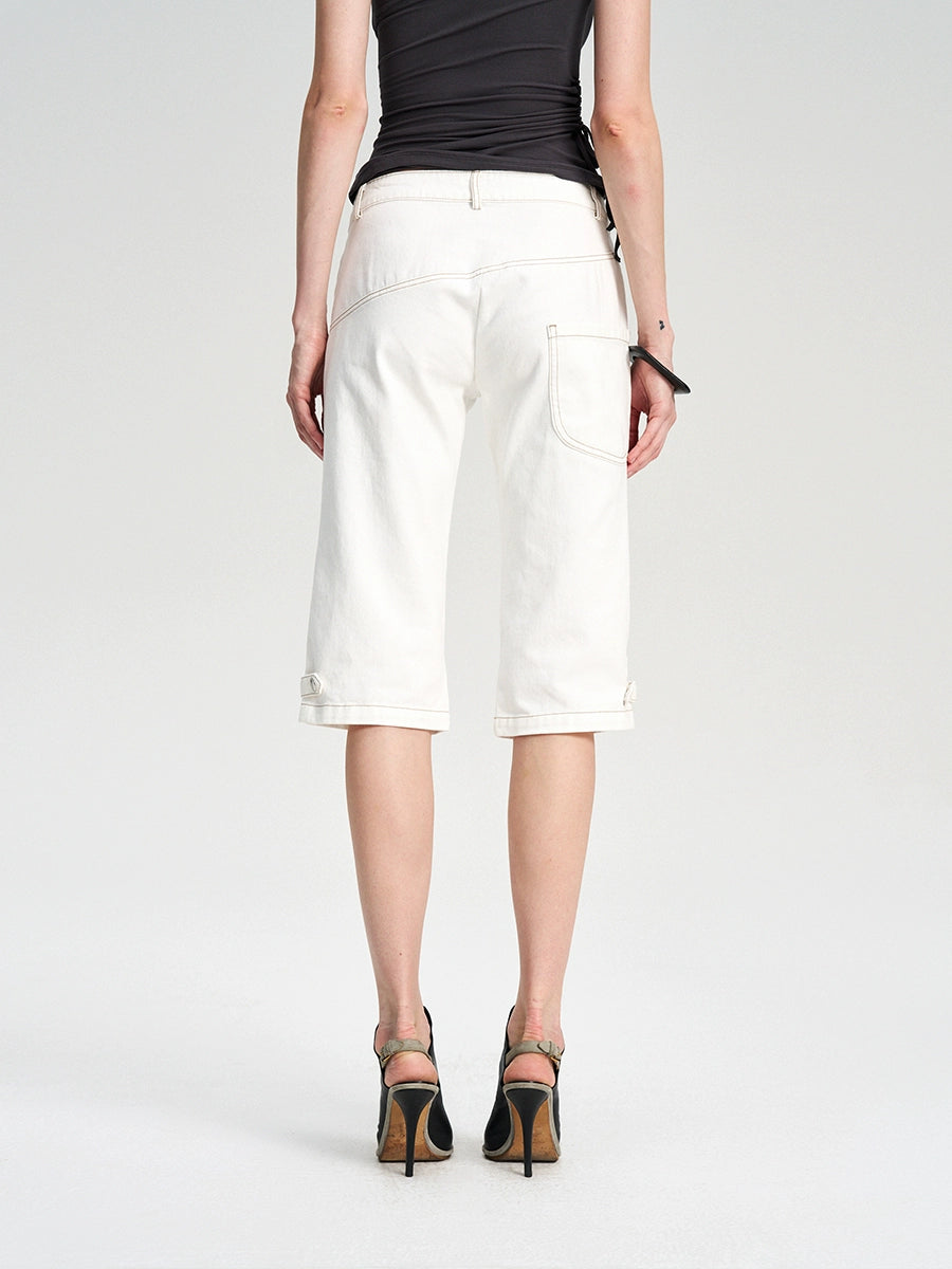 Contrast-Stitch White Cropped Jeans