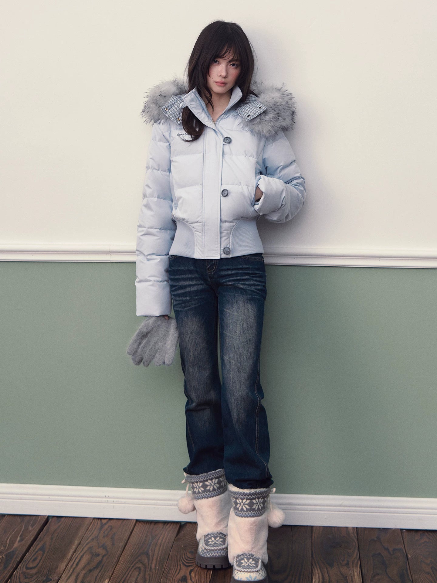 Blue Plaid Hooded Down Jacket